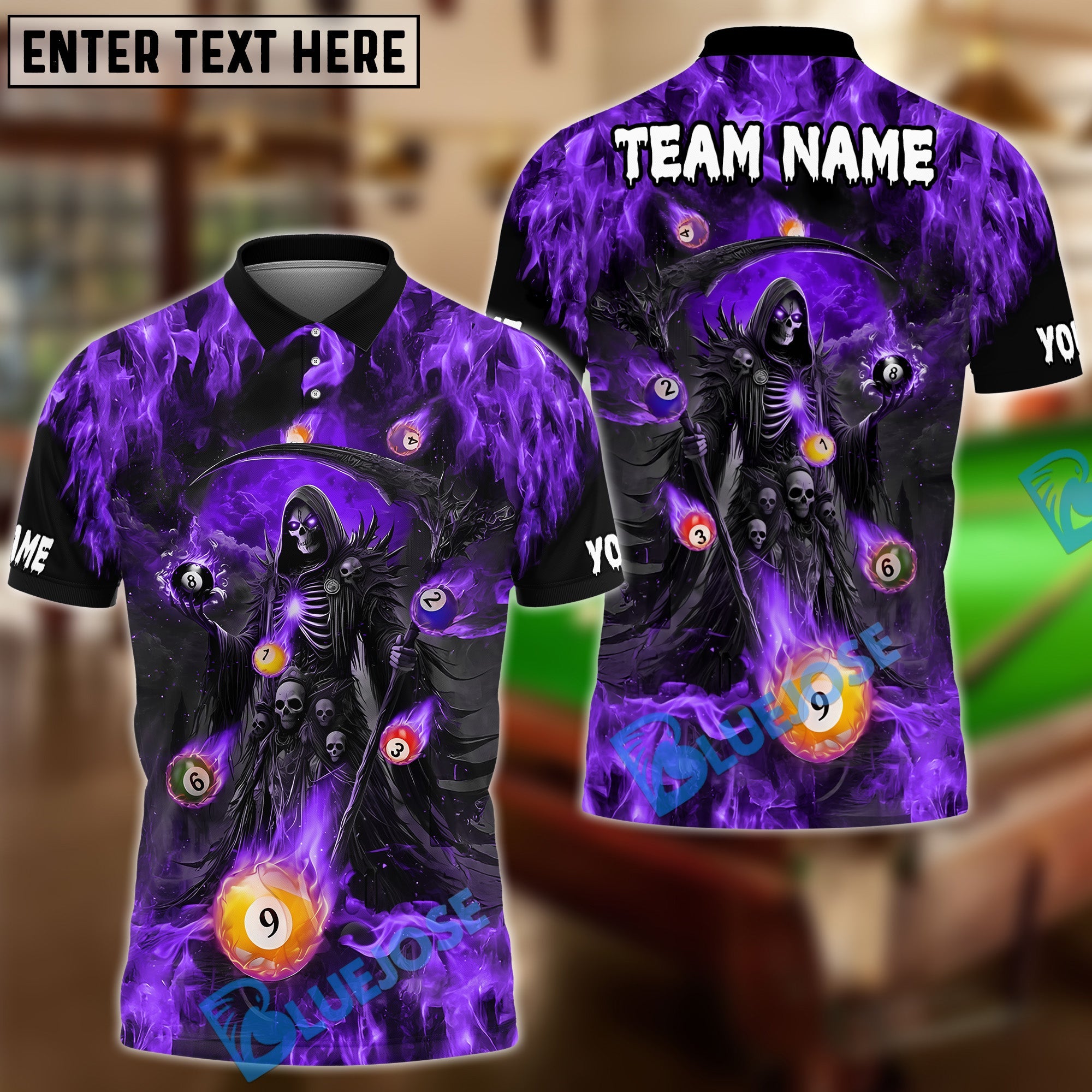BlueJose Billiards Ball 8 & 9 Grim Reaper Fire Design Personalized Name Shirt (4 Colors)