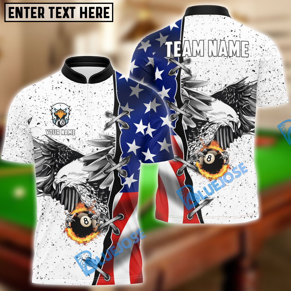 BlueJose Billiards Ball 8 Flame Eagle Personalized Name, Team Name Shirt (4 Colors)