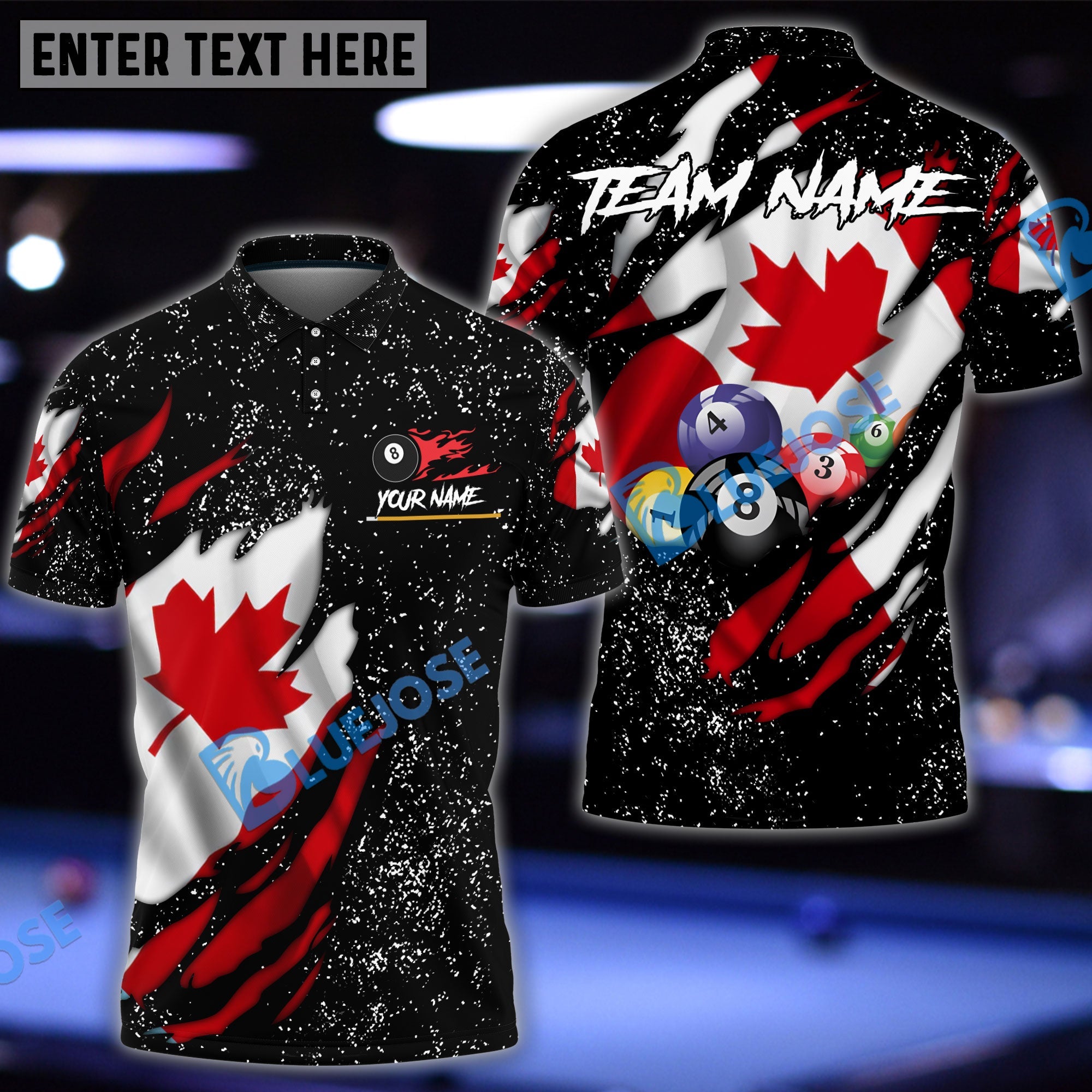 BlueJose Billiards Flag of Canada Black Personalized Name, Team Name 3D Shirt