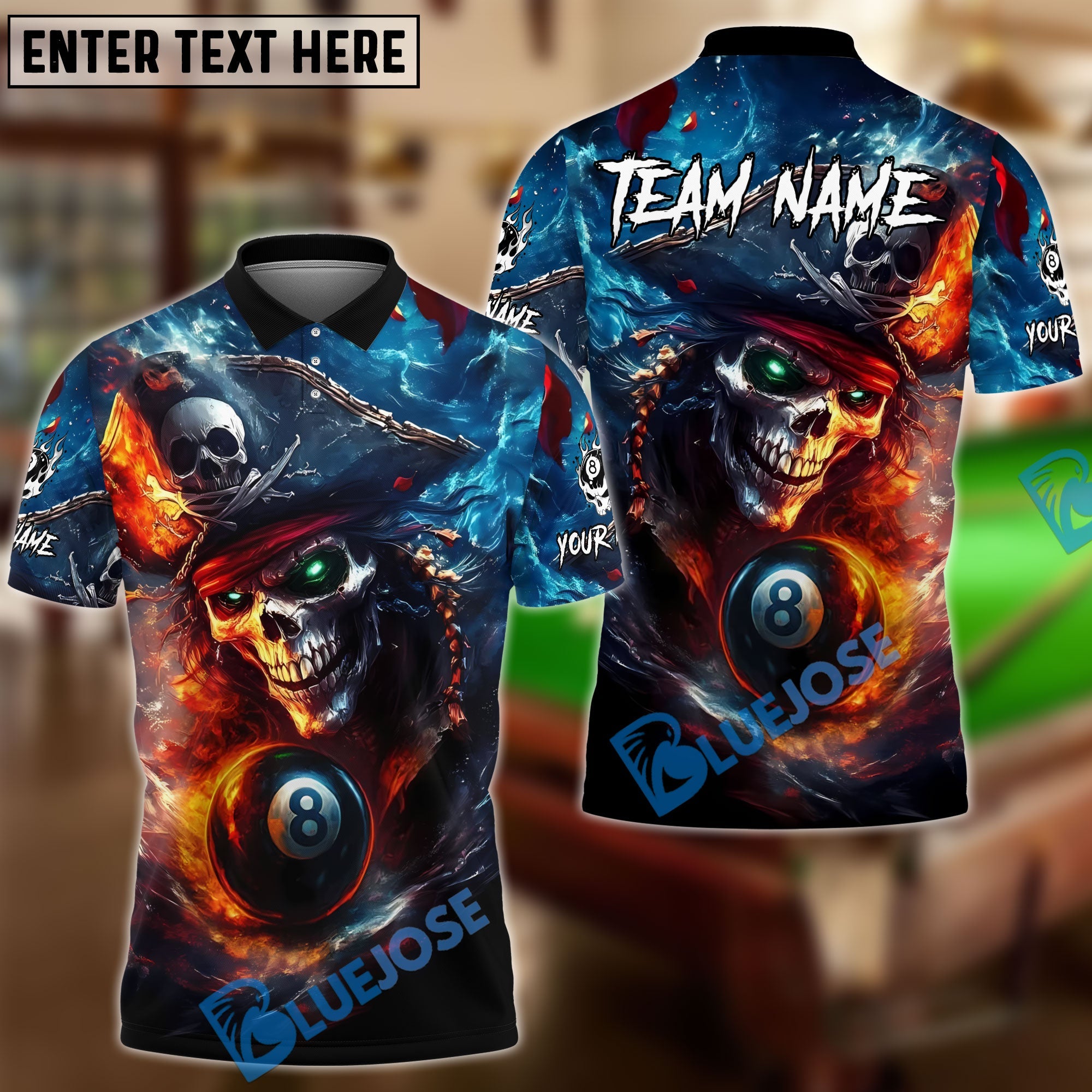 BlueJose Billiards 8 Ball Pirate Skull Ocean Personalized Name, Team Name Unisex Shirt (4 Colors)