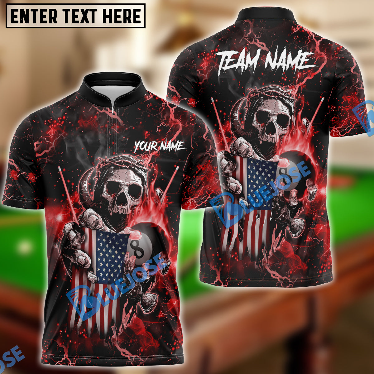 BlueJose Billiards Ball 8 Fire Skull US Flag Personalized Name, Team Name Shirt (6 Colors)