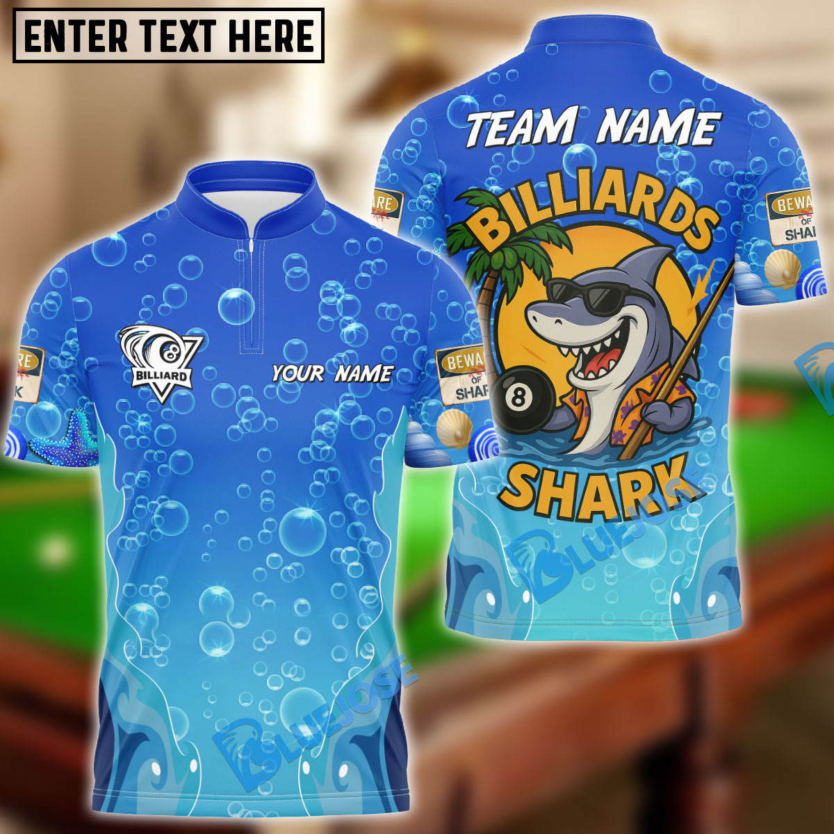 BlueJose Billiards Ball 8 Funny Cartoon Shark, Bubble Design Personalized Name Shirt (4 Colors)