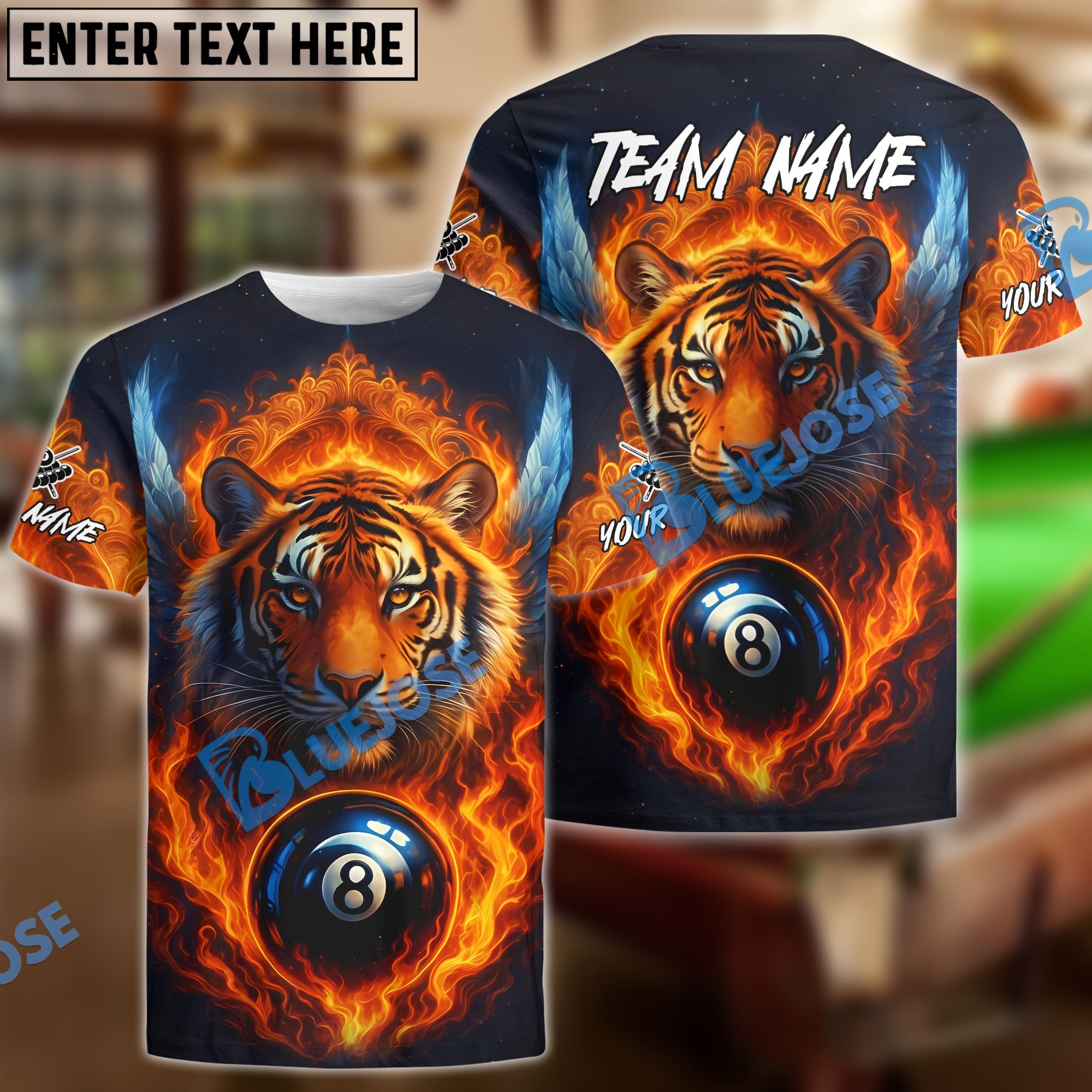 BlueJose Billiards 8 Ball Wings Fiery Tiger Personalized Name, Team Name Unisex Shirt (4 Colors)