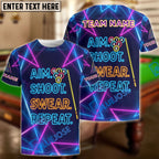 BlueJose Billiards Aim Shoot Swear Repeat Neon Pool Customized Name, Team Name 3D Shirt