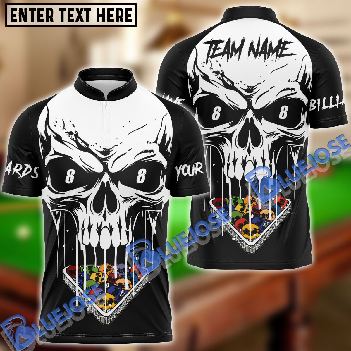 BlueJose Billiards Ball 8 Skull Personalized Name & Team Name Shirt (4 Colors)
