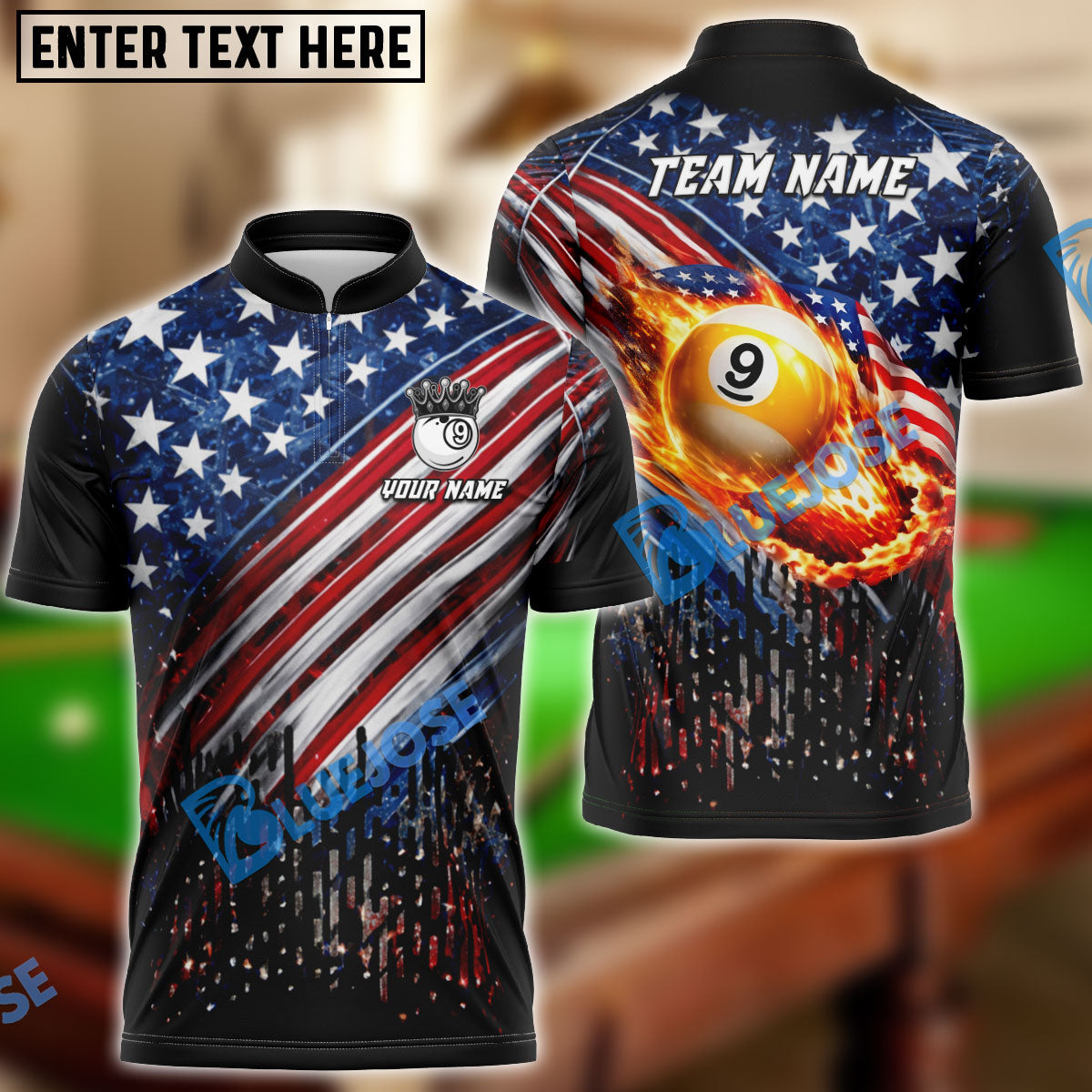 BlueJose Billiards USA Flag Flaming 9 Ball Crown King Pool Design Personalized Shirt