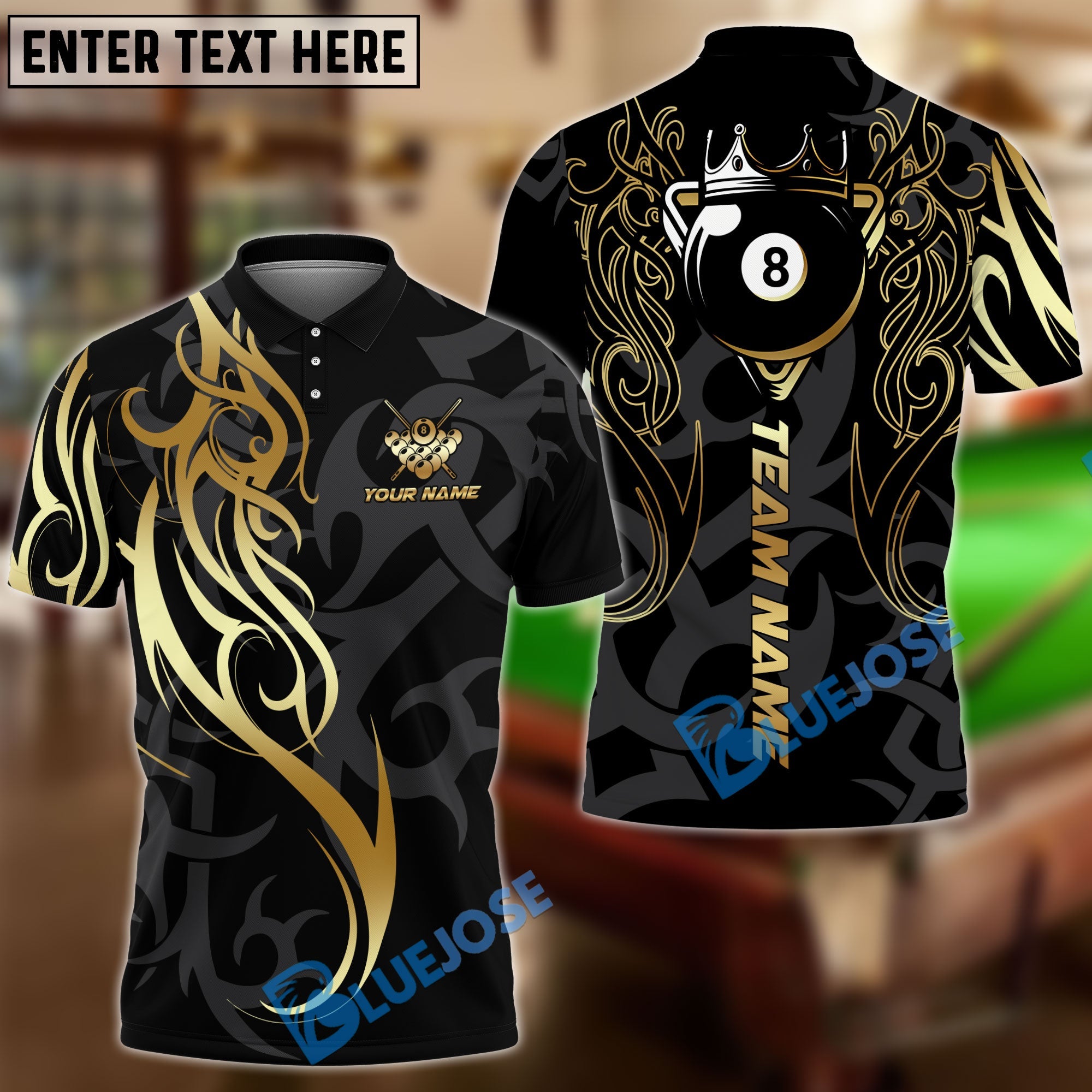 BlueJose Billiards 8 Ball Sport Tribal Crown Cue Personalized Name, Team Name Unisex Shirt (4 Colors)