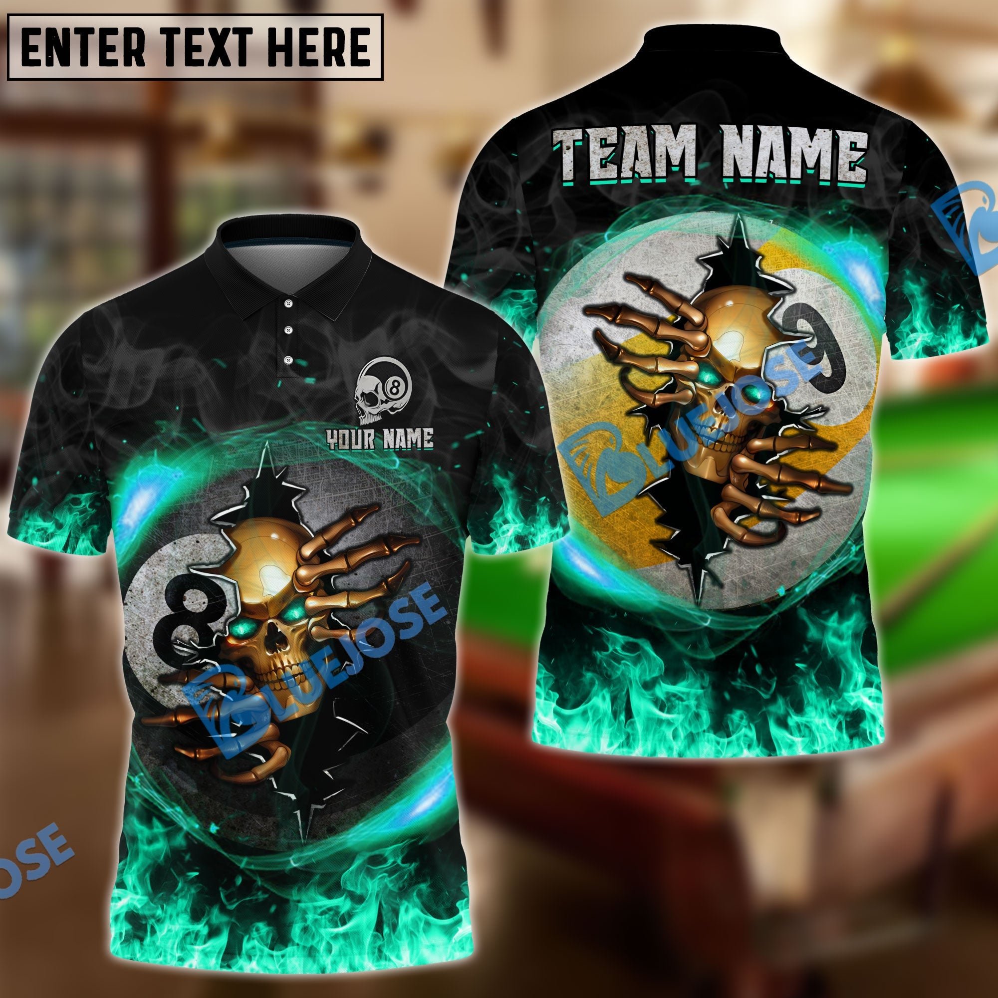 BlueJose Billiards Ball 8 And 9 Fire Skull Crack Personalized Name, Team Name Unisex Shirt (6 Colors)