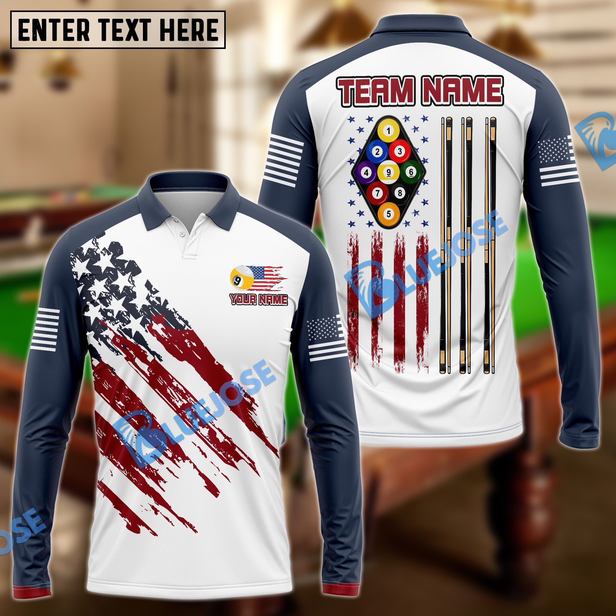 BlueJose Billiards Ball 9 US Flag Champion Pattern Personalized Name Shirt