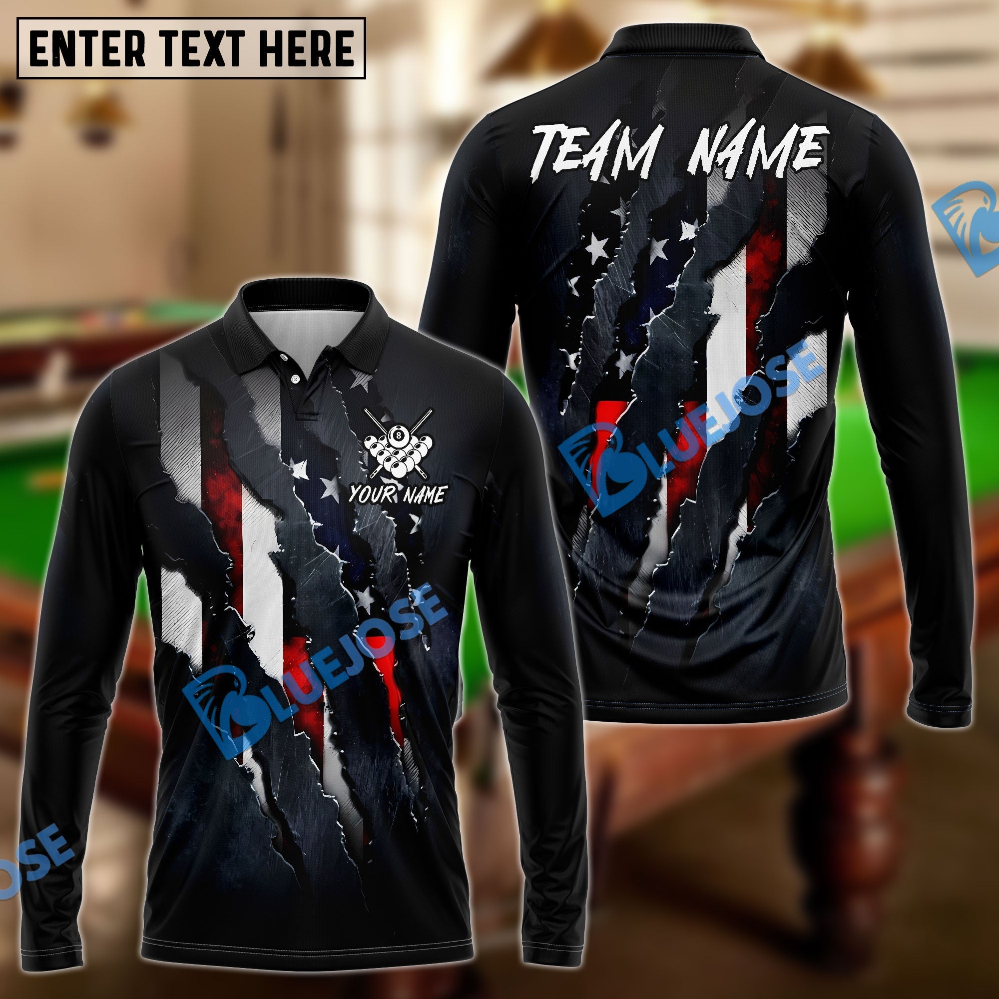 BlueJose Billiards Ball 8 American Flag Claw Ripped Patriotic Style Customized Name, Team Name 3D Shirt