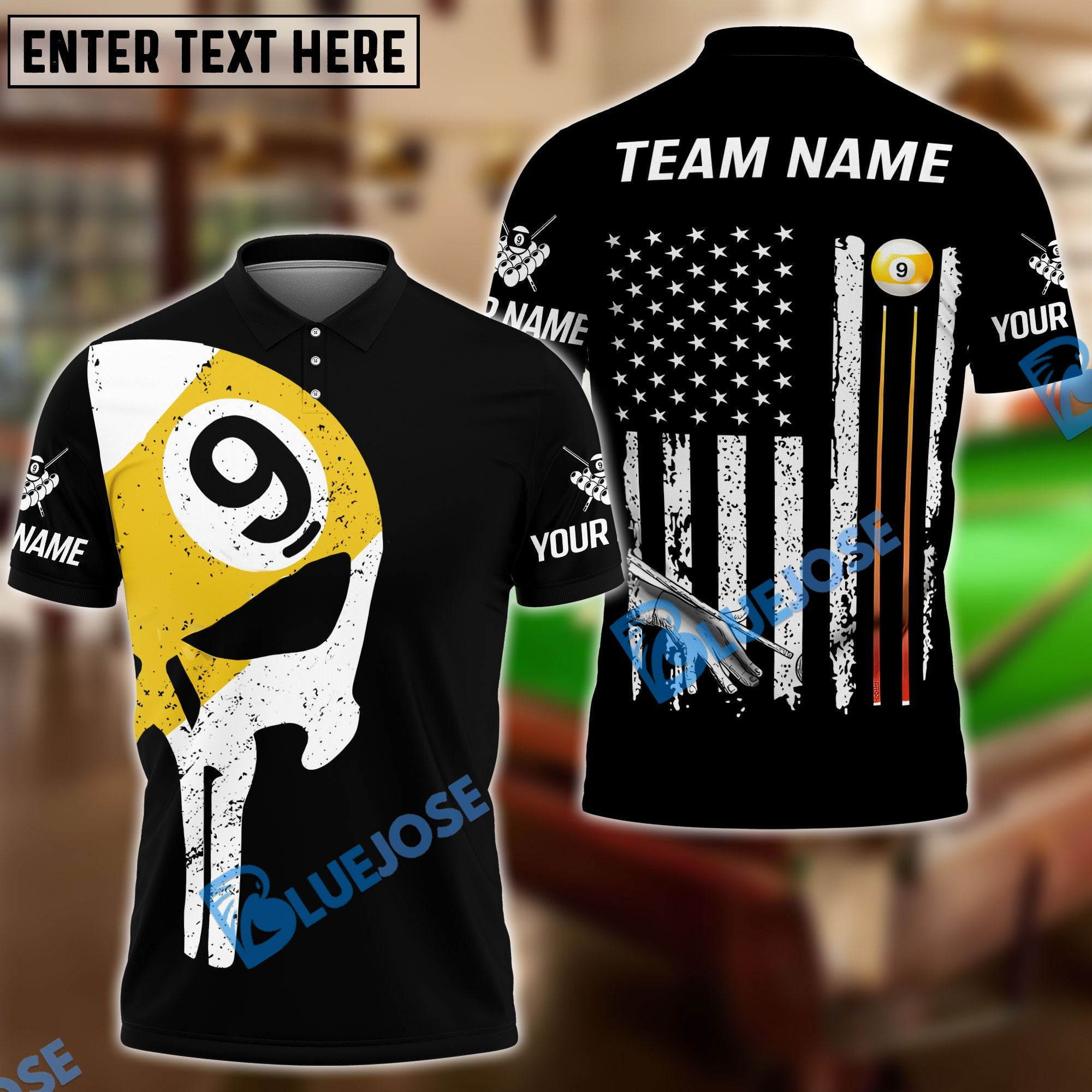 BlueJose Billiards Ball 9 Skull American Flag Customized Name, Team Name 3D Shirt