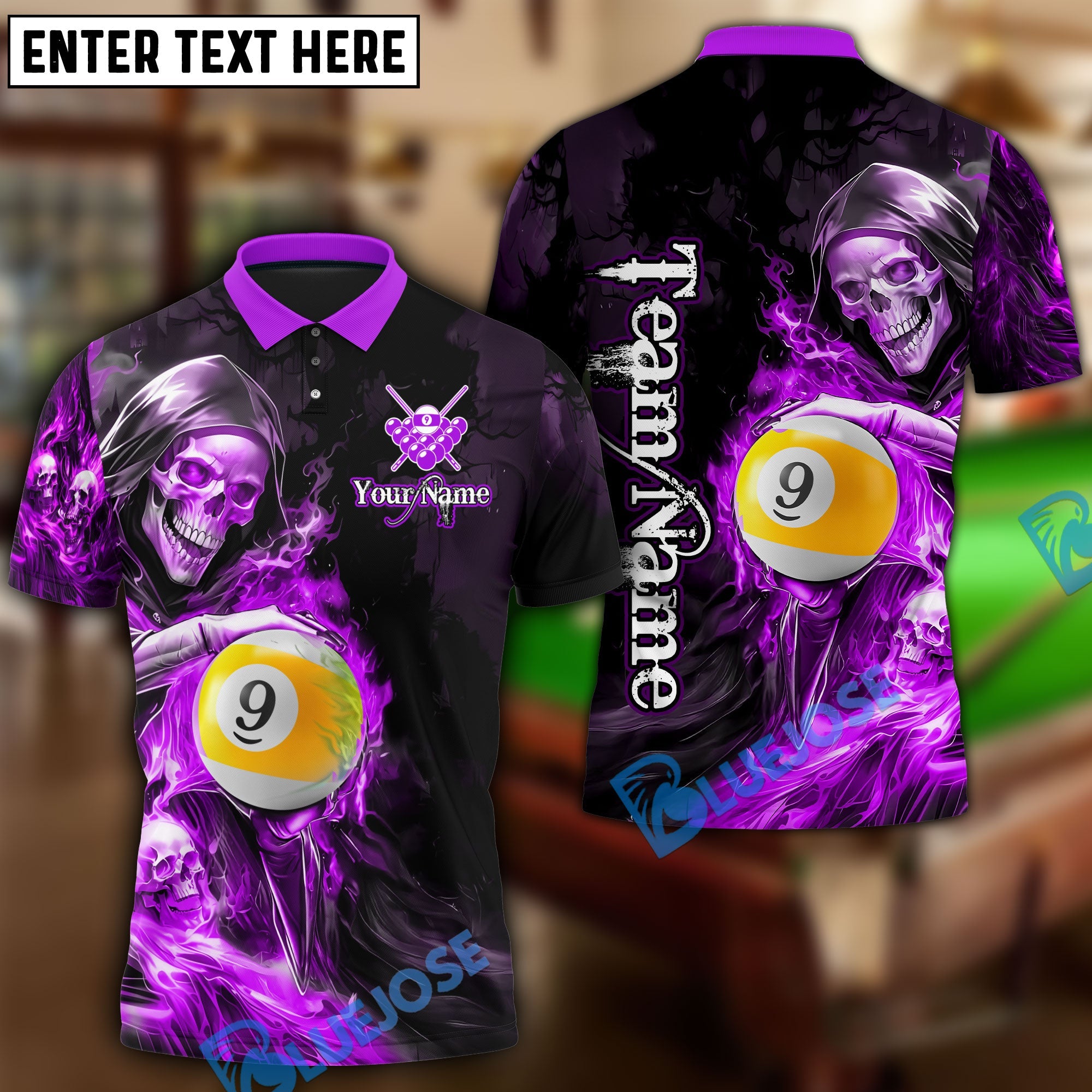 BlueJose Billiards Flame Grim Reaper Holding 9 Ball Personalized Name, Team Name Unisex Shirt (4 Colors)