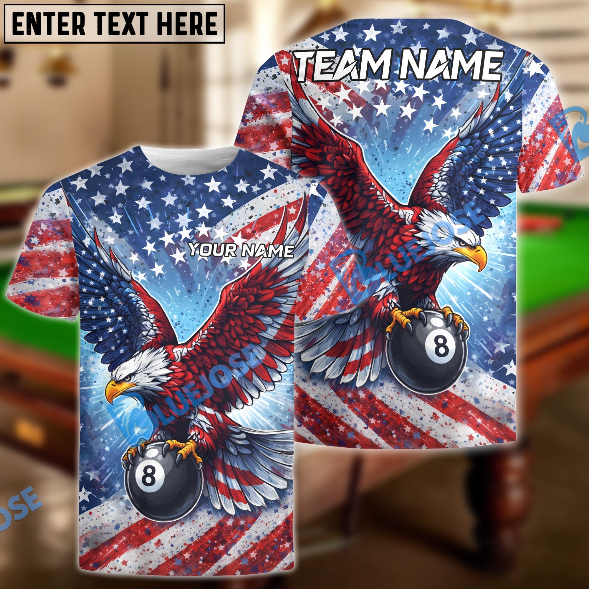 BlueJose Billiards 8 Ball USA Flag Eagle Personalized Shirt
