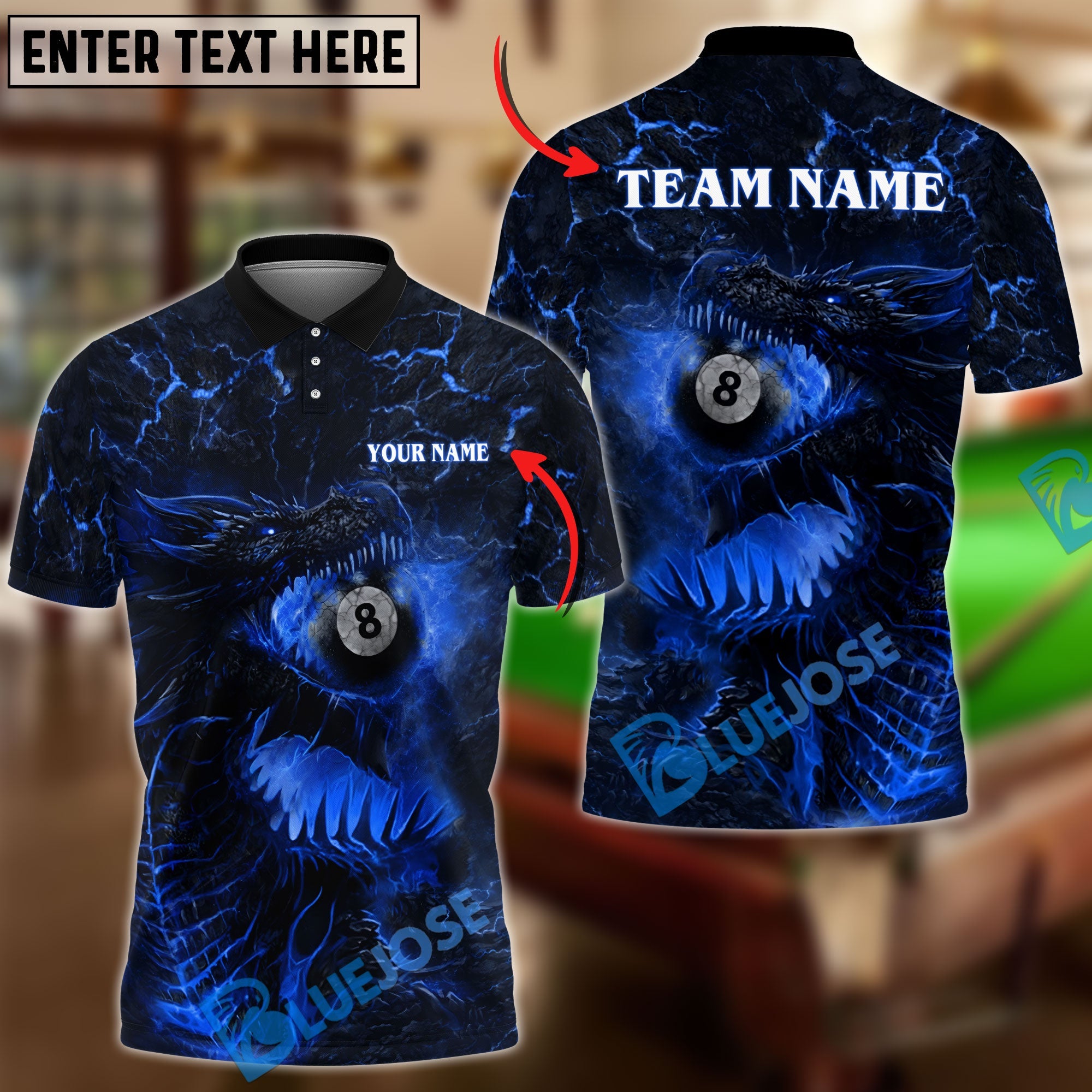 BlueJose Billiards Ball 8 Firaga Dragon Personalized Name, Team Name Unisex Shirt (4 Colors)