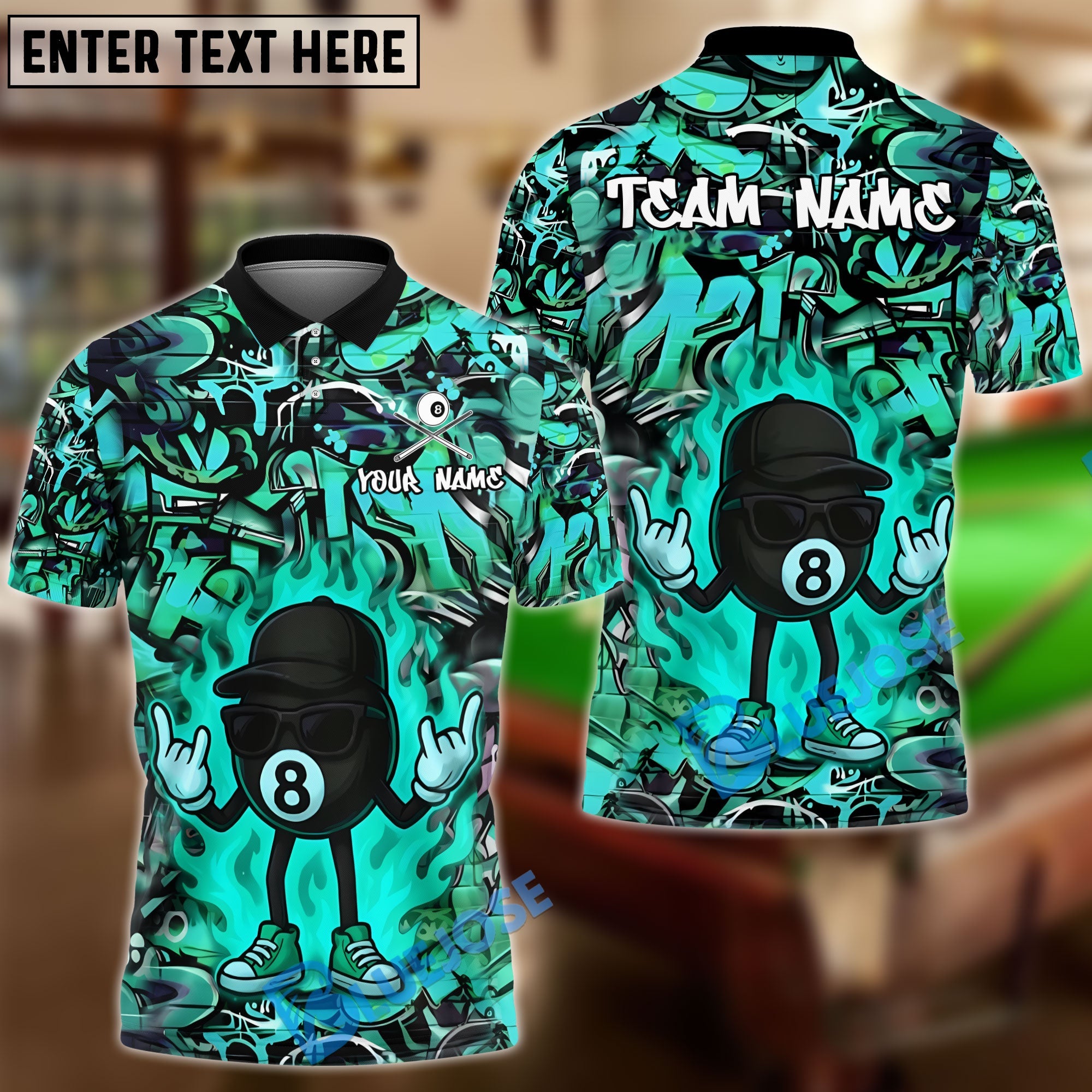 BlueJose Billiards 8 Ball Fire Graffiti Hip Hop Swag Personalized Name, Team Name Unisex Shirt (4 Colors)