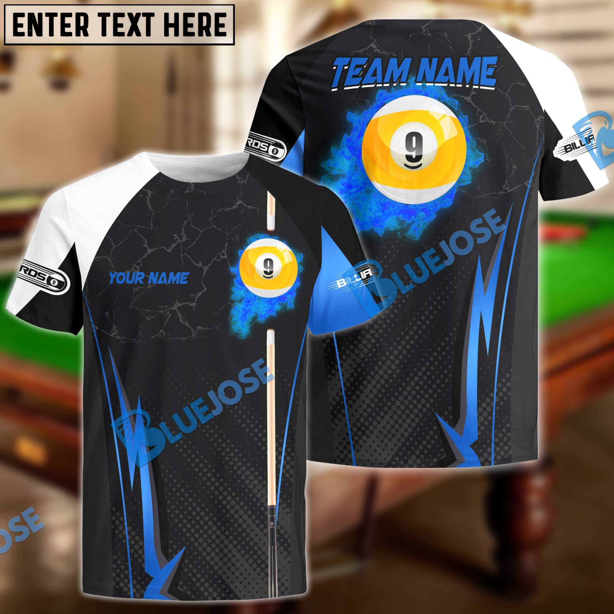 BlueJose Billiards Ball 9 Fire Cue Personalized Name, Team Name Unisex Shirt (4 Colors)