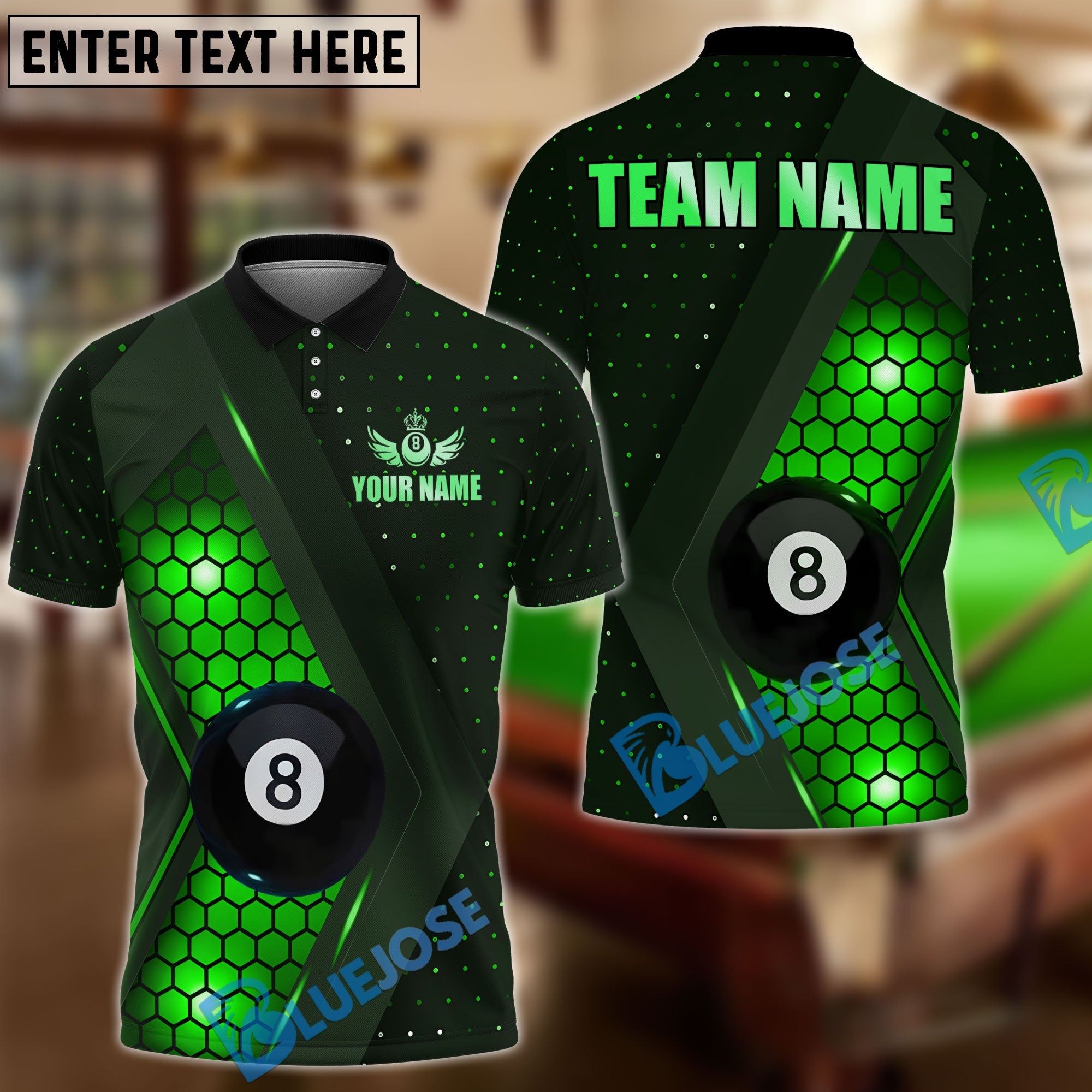 BlueJose Billiards 8 Ball Hex Pattern Personalized Name, Team Name Unisex Shirt (4 Colors)