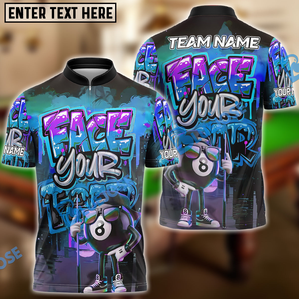 BlueJose Billiards 8 Ball Graffiti Street Art Face Your Fear Style Personalized Name, Team Name Unisex Shirt (4 Colors)