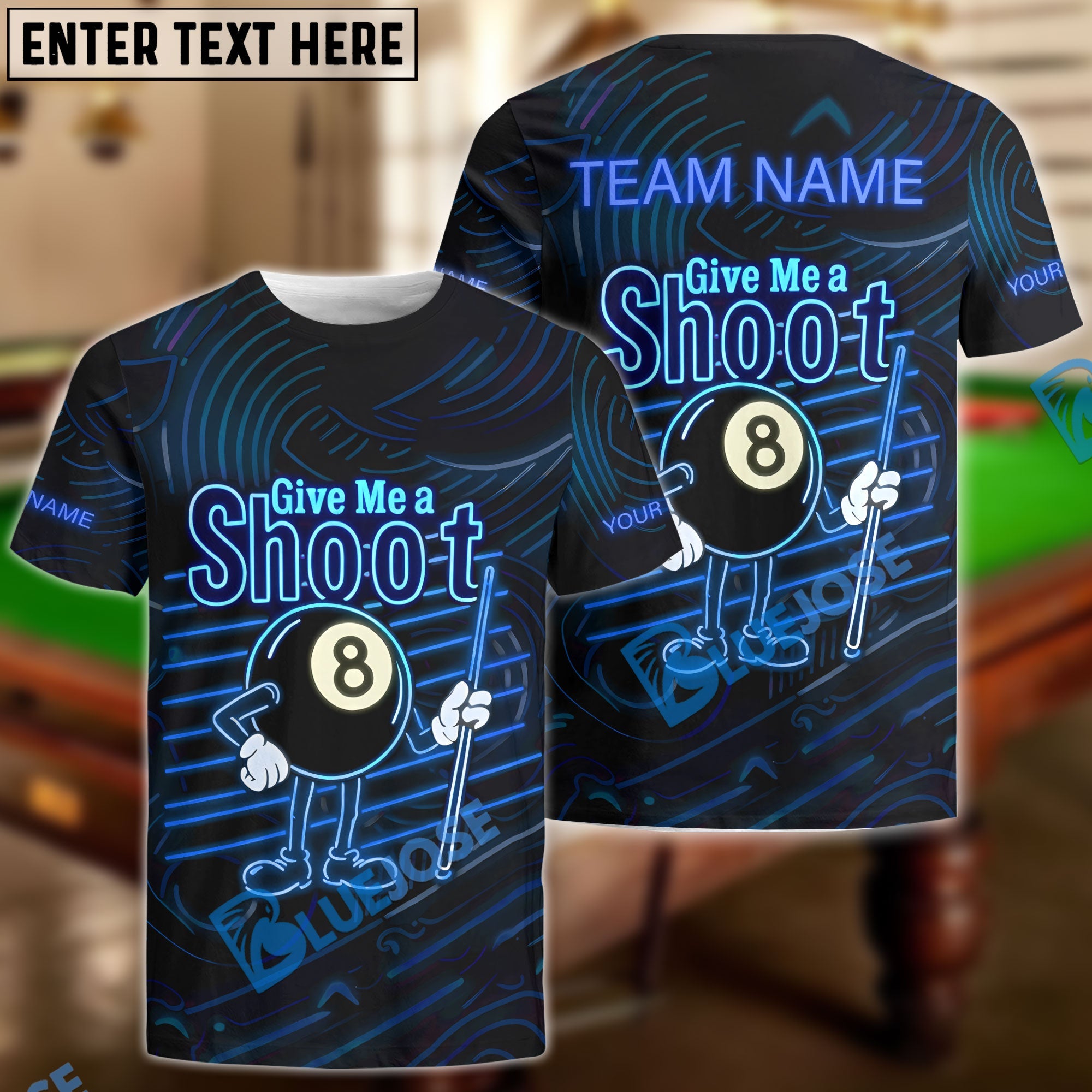 BlueJose Billiards Neon Billiards 'Give Me a Shoot' 8-Ball Funny Personalized Name Shirt (4 Colors)