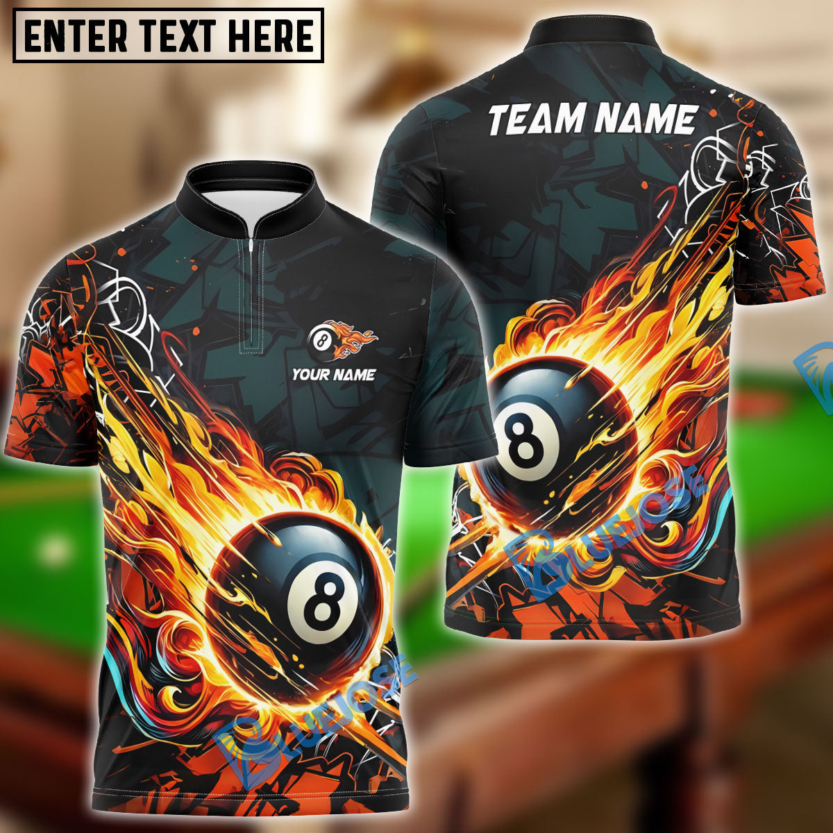 BlueJose Billiards Ball 8 Fireball Magic Personalized Name Shirt (4 Colors)