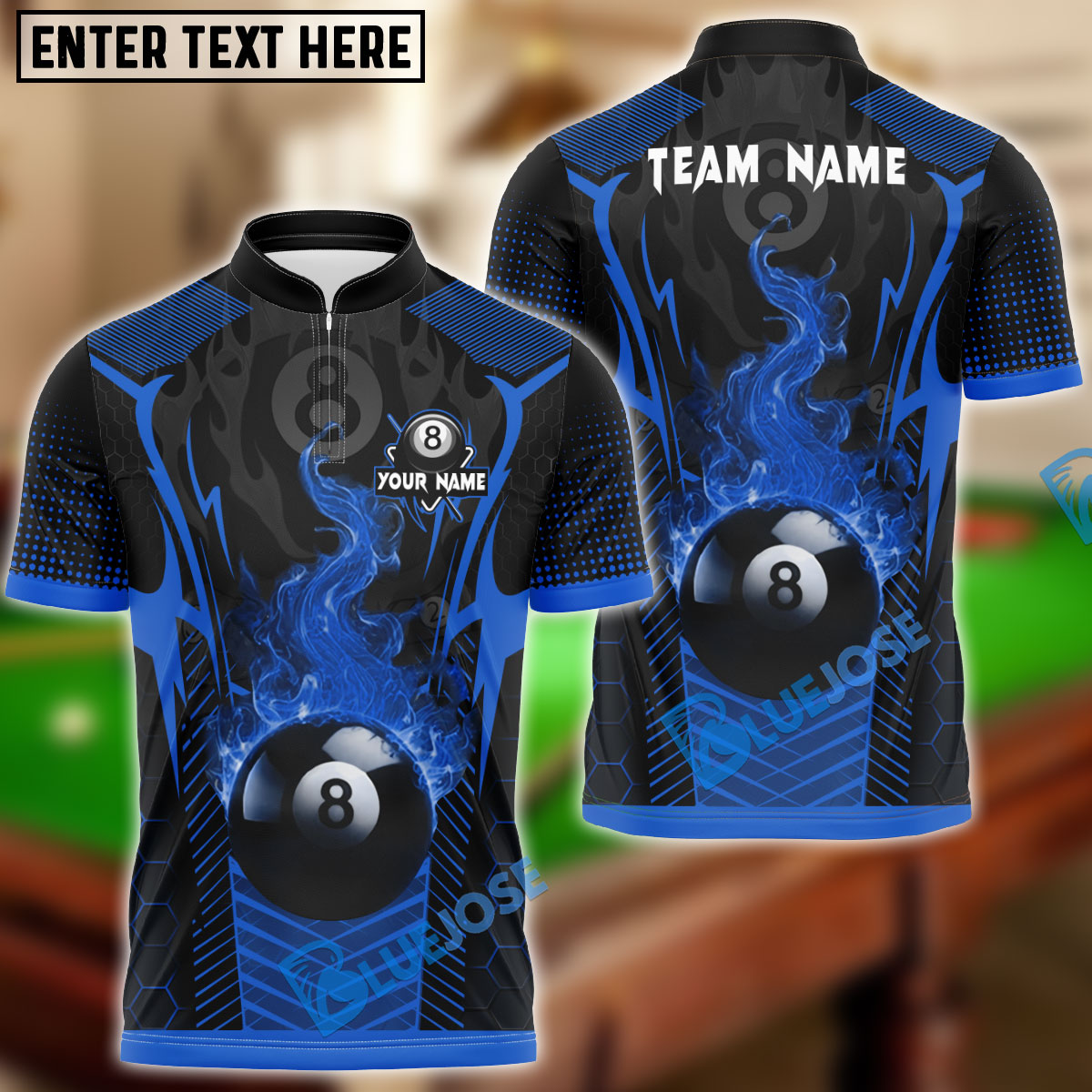 BlueJose Billiards Ball 8 Flame Hexagon Pattern Personalized Name Unisex Shirt (4 Colors)