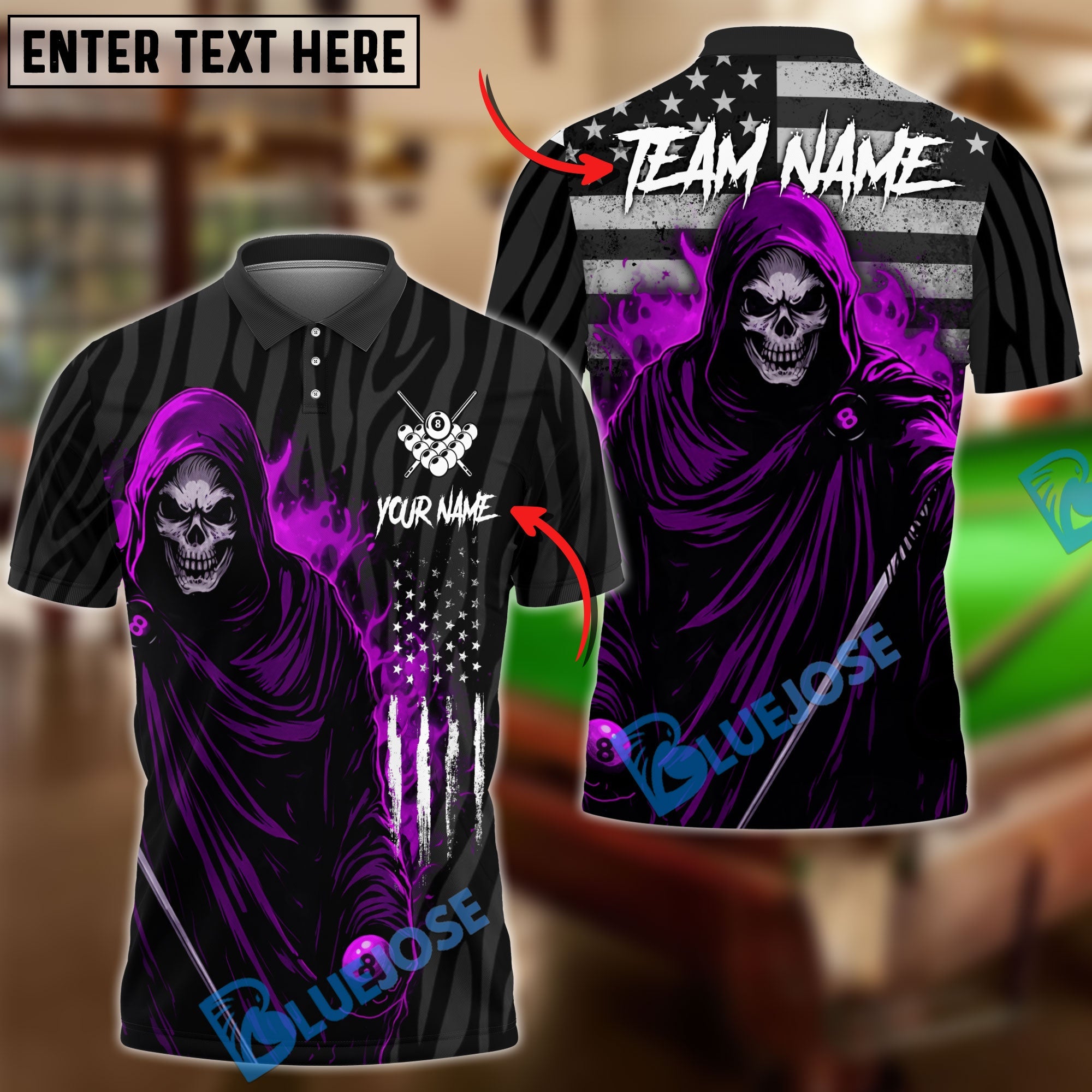 BlueJose Billiards Ball 8 Flame Reaper Skull American Flag Personalized Name & Team Name Shirt (4 Colors)