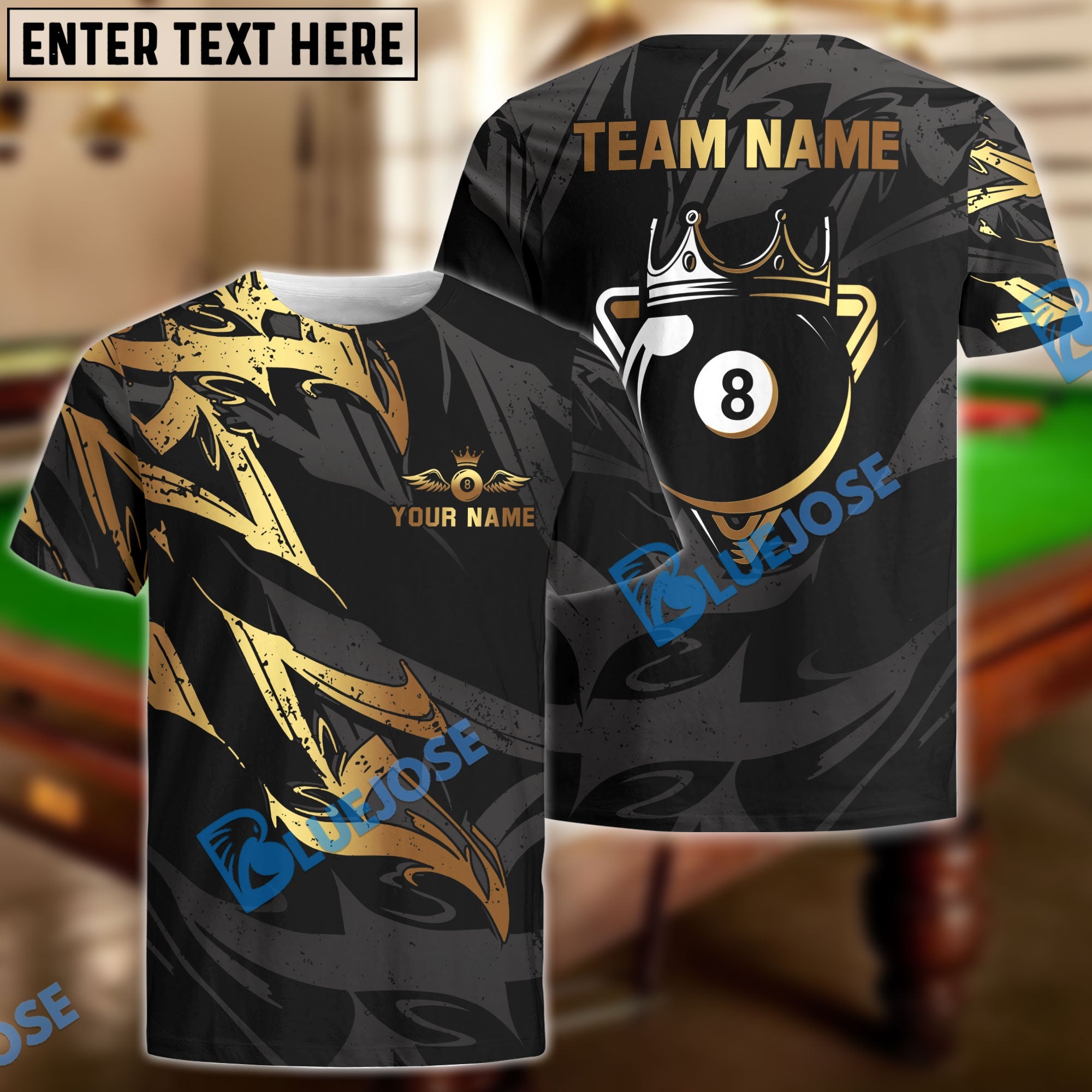 BlueJose Billiards Ball 8 King Golden Premium Personalized Name, Team Name Shirt (4 Colors)