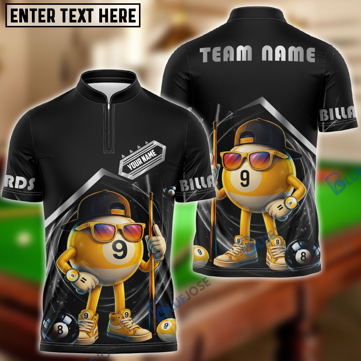 BlueJose Billiards 9 Ball Funny Character Swirl Customized Name, Team Name 3D Shirt (6 Colors)