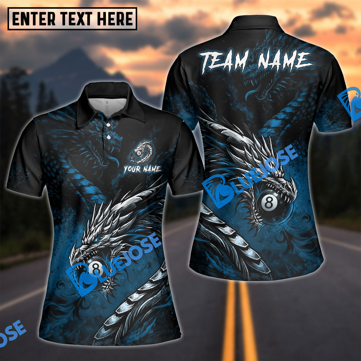BlueJose Billiards Dragon 8 Ball Fire Shadow Customized Name, Team Name 3D Shirt (6 Colors)