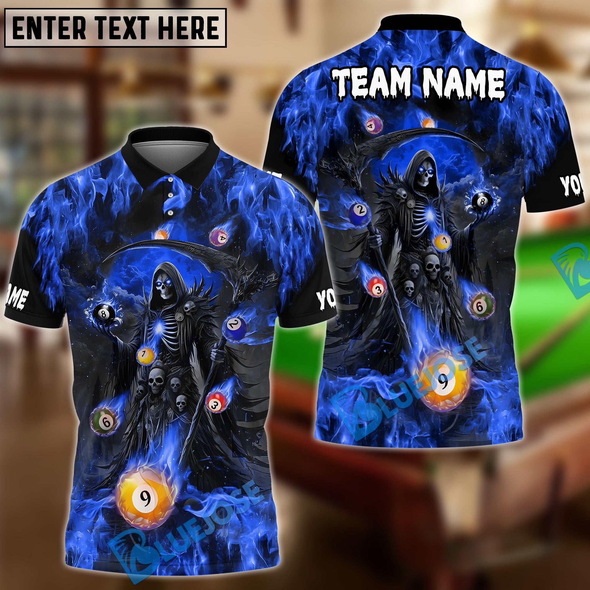 BlueJose Billiards Ball 8 & 9 Grim Reaper Fire Design Personalized Name Shirt (4 Colors)