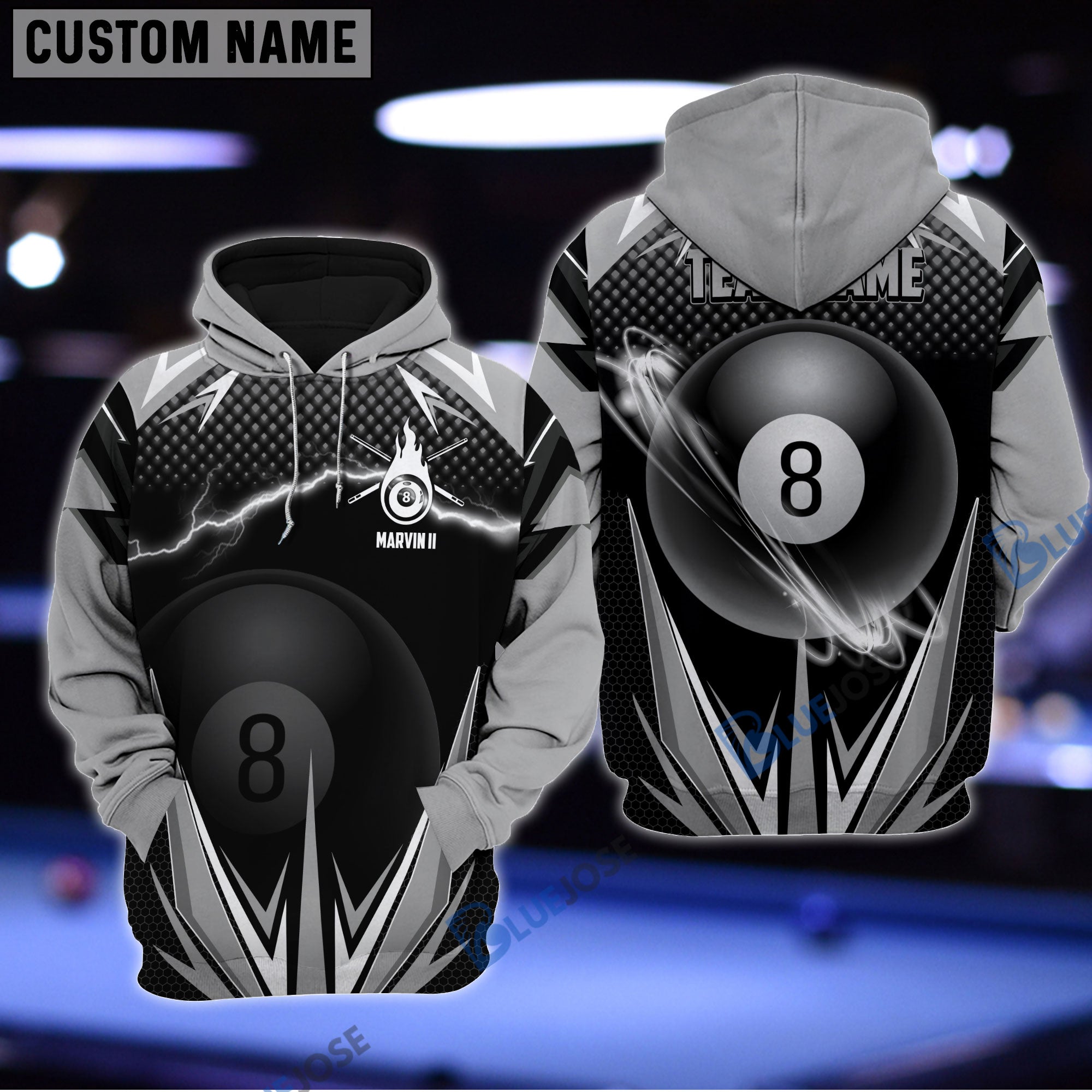 BlueJose Billiards Gray Personalized Name, Team Name Shirt