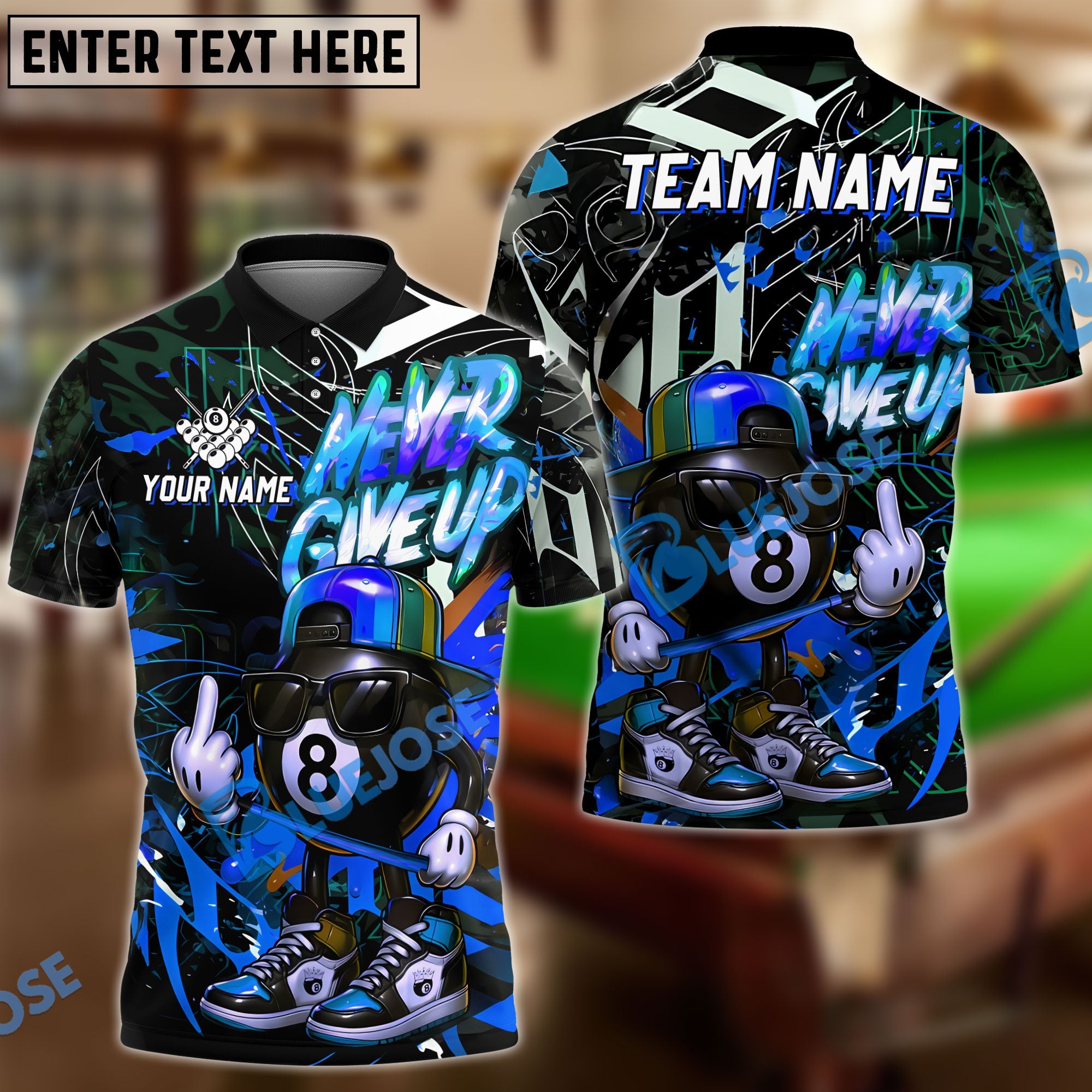 BlueJose Billiards Funny Never Give Up 8-Ball Personalized Name Shirt (4 Colors)