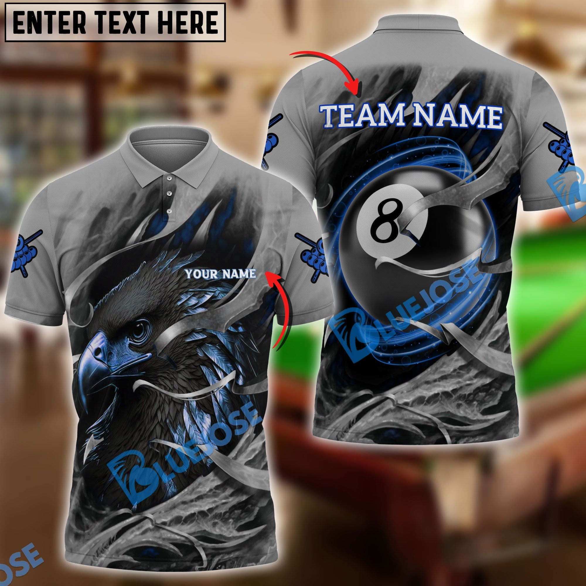 BlueJose Billiards Eagle Pool 8 Personalized Name, Team Name Unisex Shirt (4 Colors)