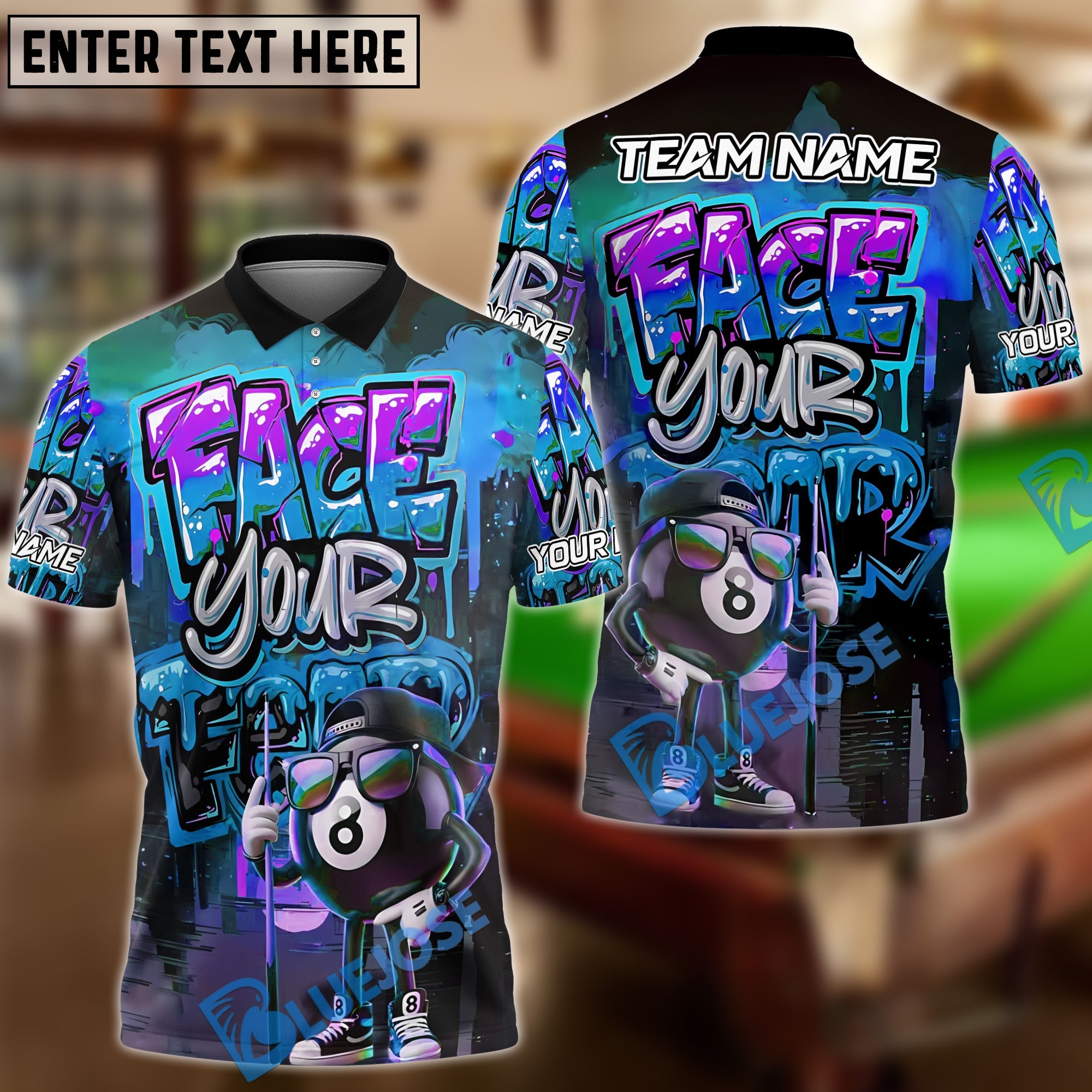 BlueJose Billiards 8 Ball Graffiti Street Art Face Your Fear Style Personalized Name, Team Name Unisex Shirt (4 Colors)