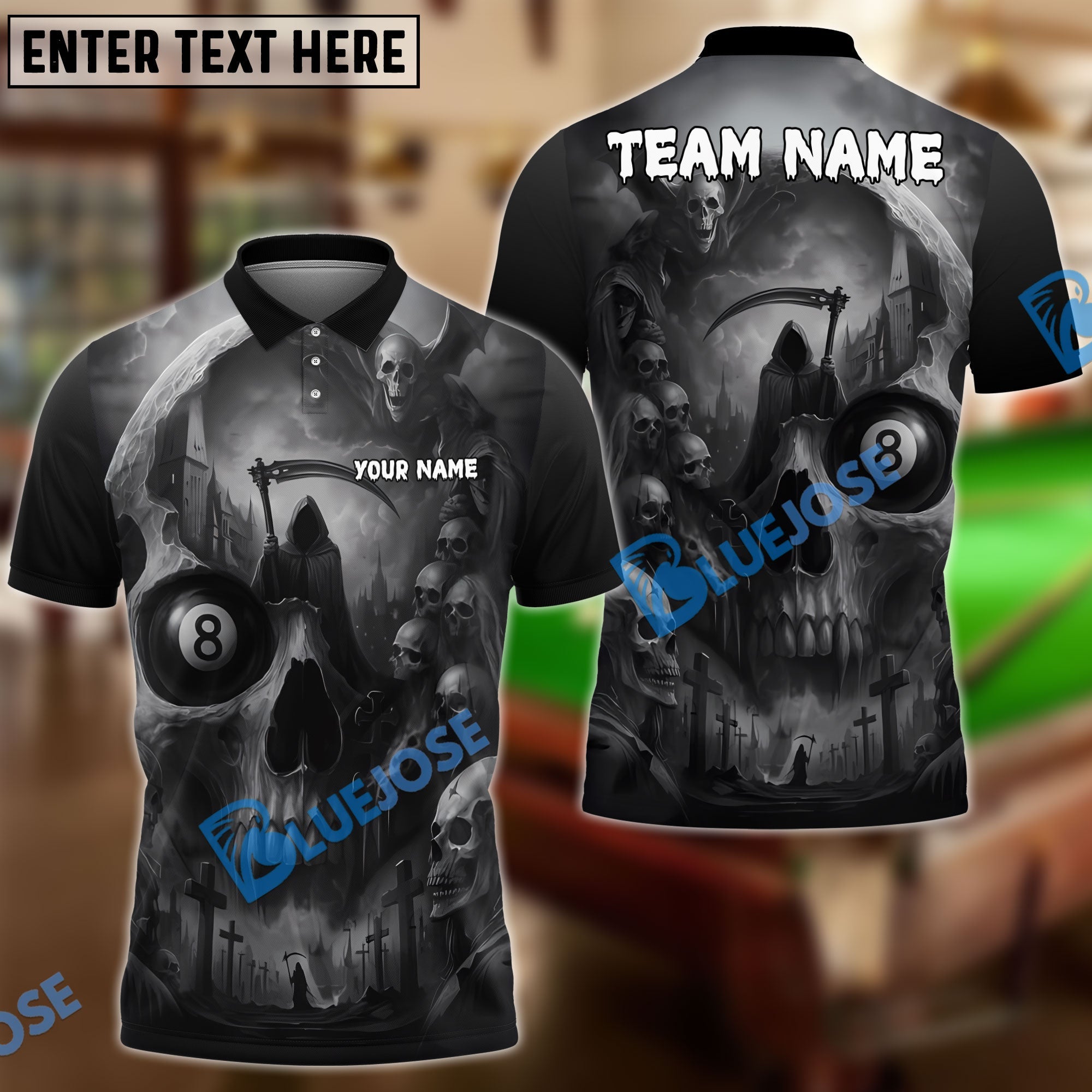 BlueJose Billiards 8-Ball Grim Reaper Skull Cemetery Personalized Name, Team Name Unisex Shirt