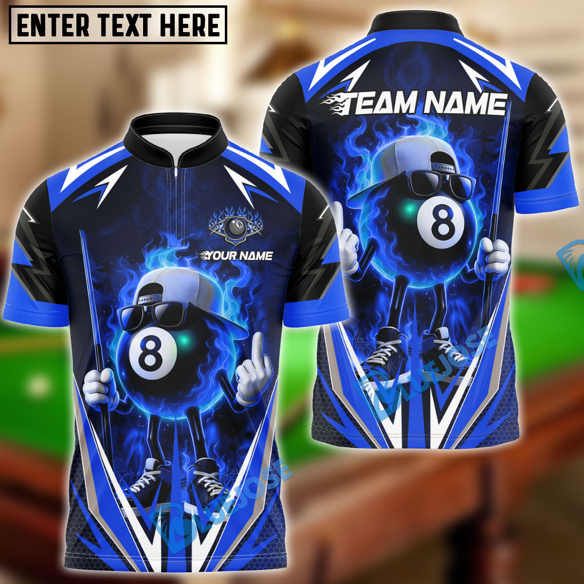 BlueJose Billiards Flaming 8-Ball Cool Style Personalized Name, Team Name Unisex Shirt (4 Colors)