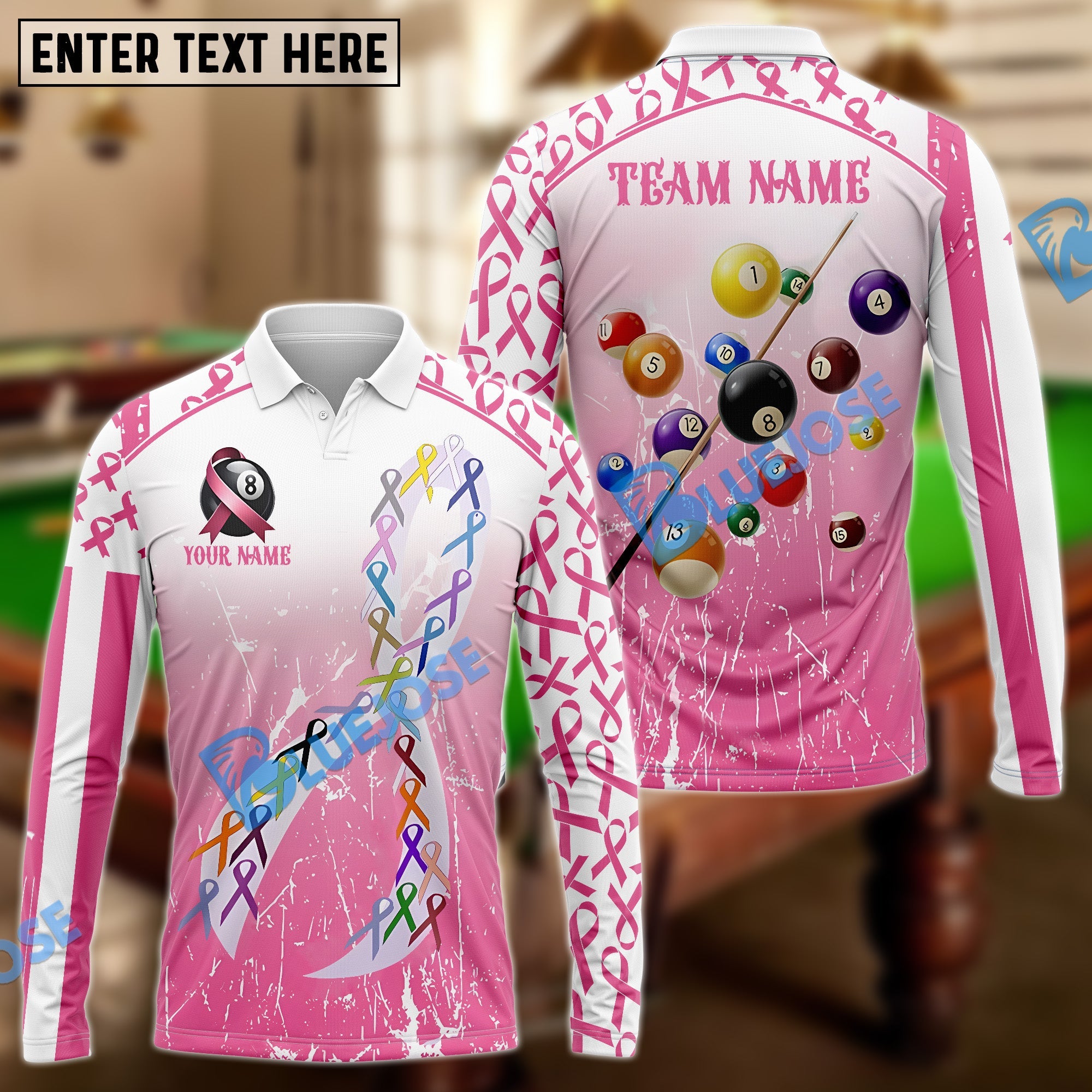 BlueJose Billiards Breast Cancer Awareness Colorful Ribbon Customized Name 3D Shirts