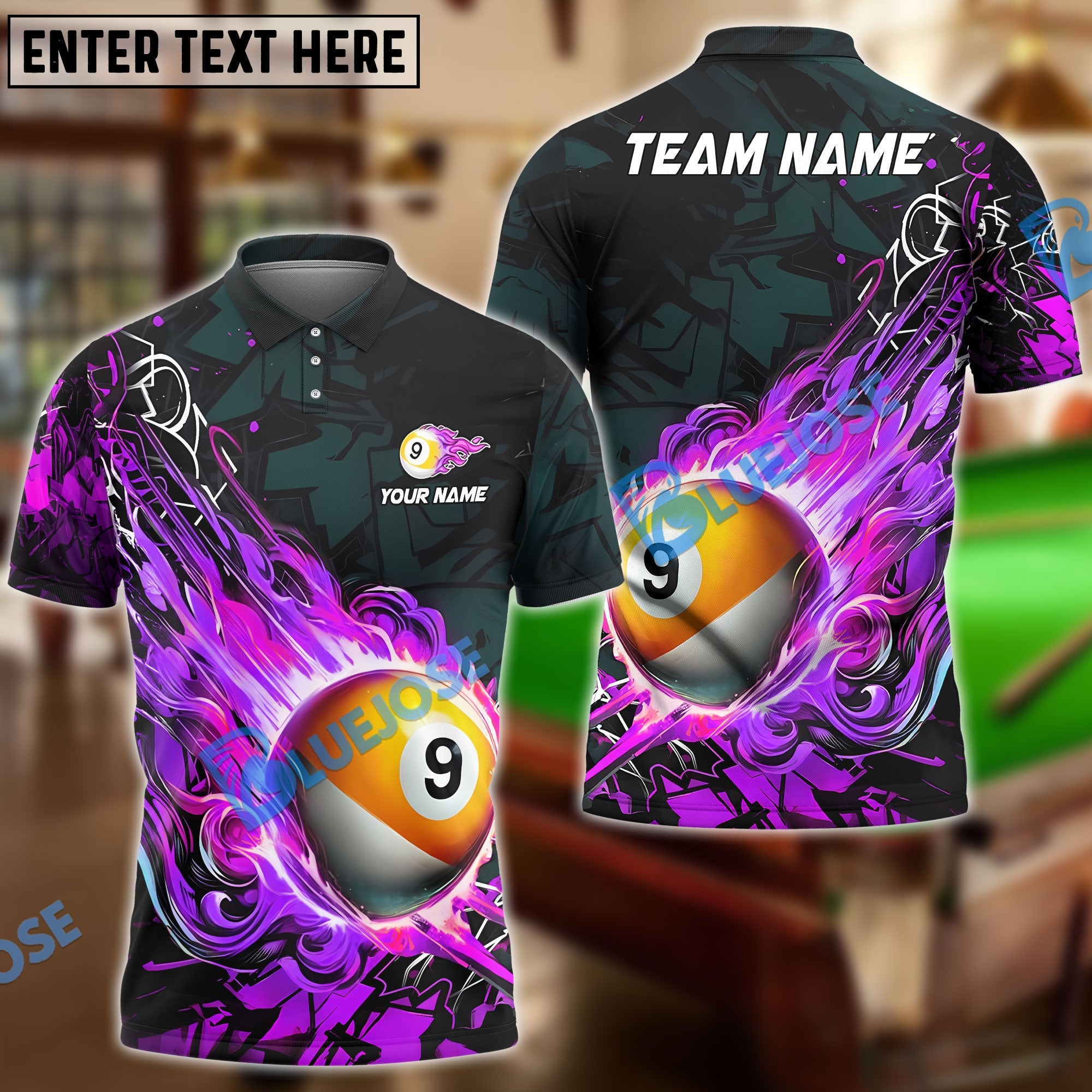 BlueJose Billiards Ball 9 Fireball Magic Personalized Name Shirt (4 Colors)