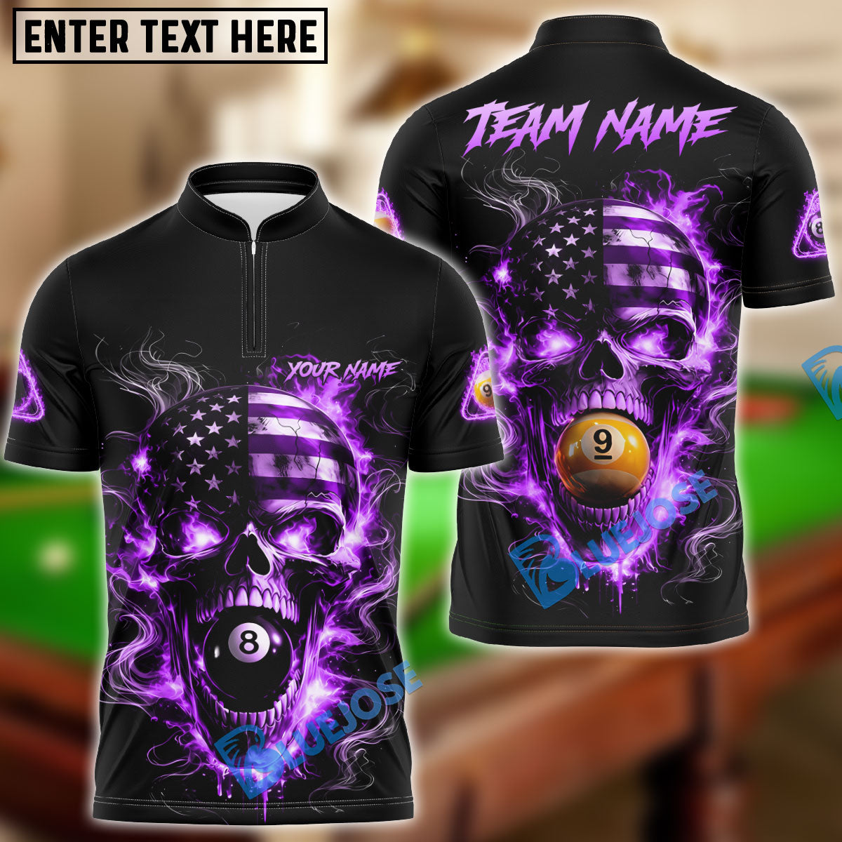 BlueJose Billiards 8 Ball 9 Ball Flame American Flag Skull Customized Name, Team Name 3D Shirt (4 Colors)