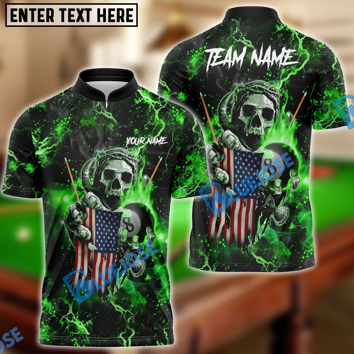 BlueJose Billiards Ball 8 Fire Skull US Flag Personalized Name, Team Name Shirt (6 Colors)