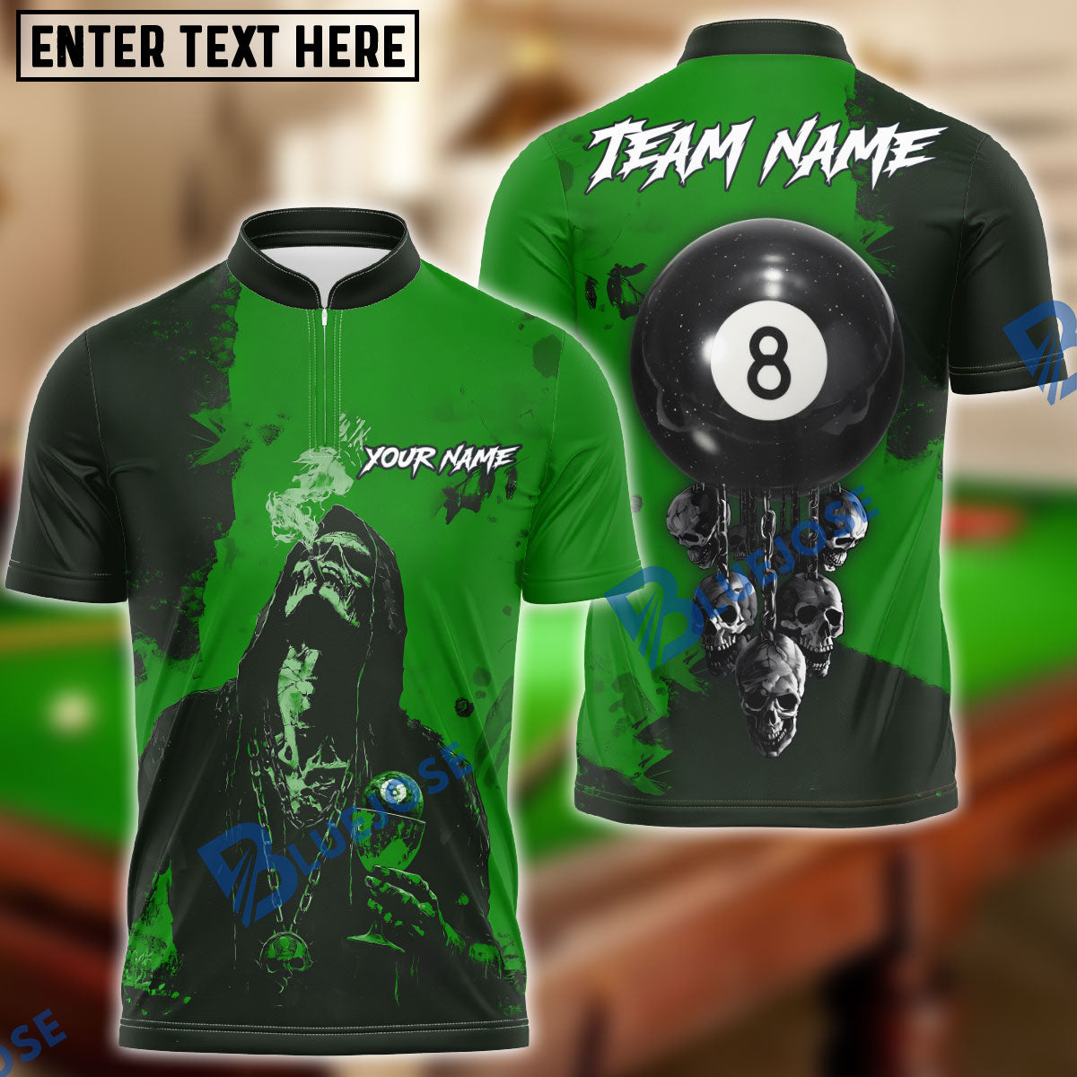 BlueJose Billiards Ball 8 Smoke Drink Chain Skull Personalized Name Shirt (4 Colors)