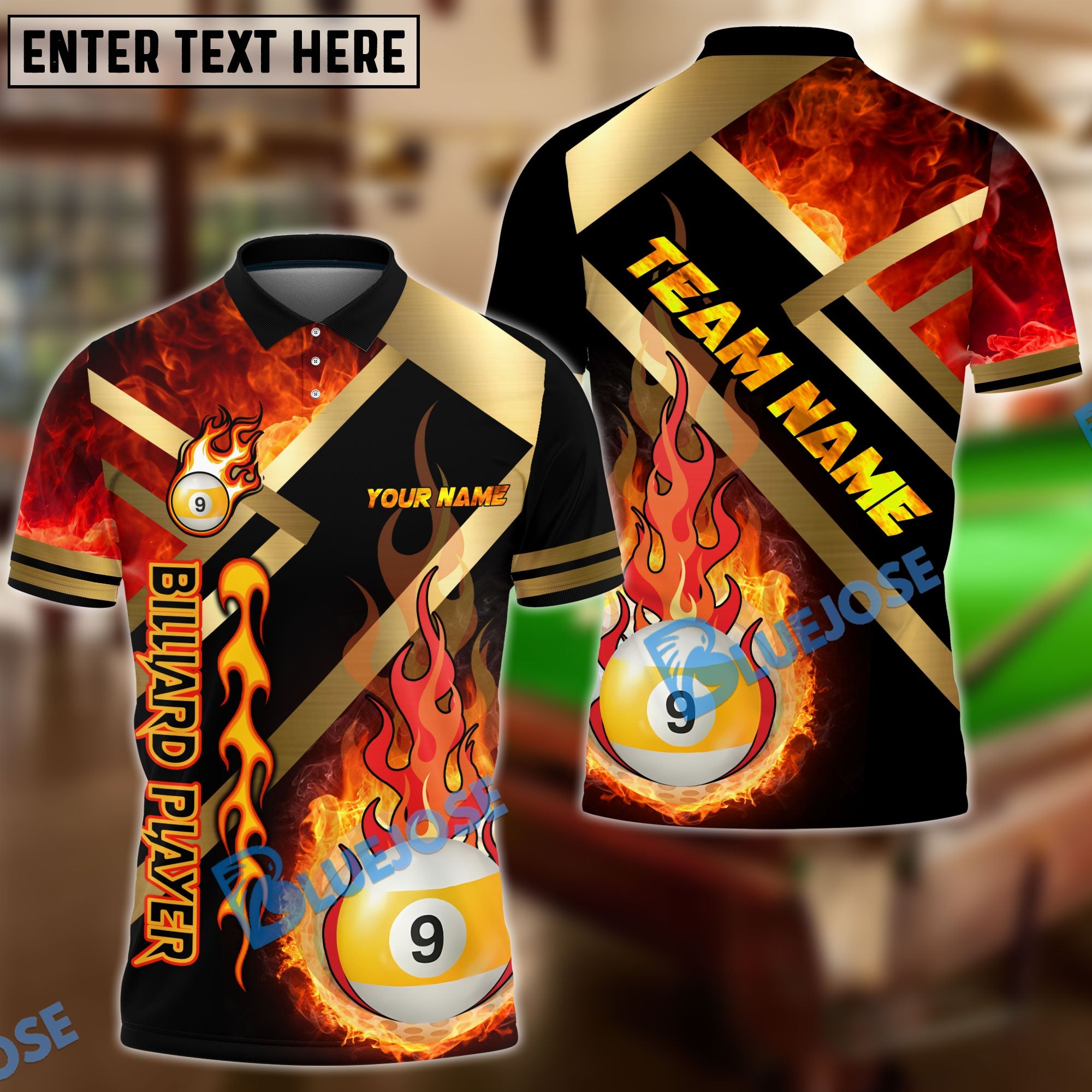 BlueJose Billiards Ball 9 Metal And Fire Flame Personalized Name, Team Name Shirt (4 Colors)
