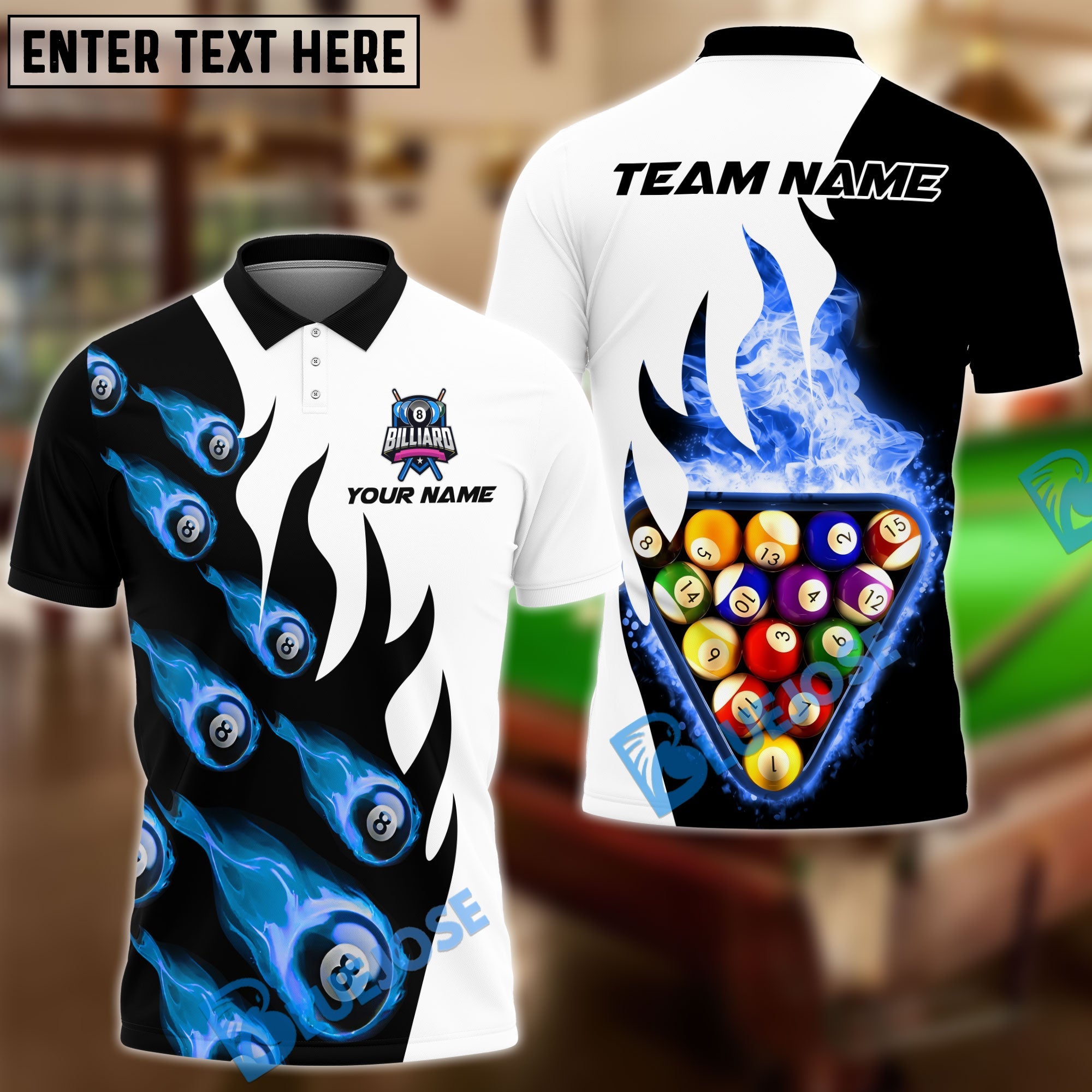 BlueJose Billiards 8-Ball Pool Flame Precision Break Personalized Name, Team Name Unisex Shirt ( 4 Colors )
