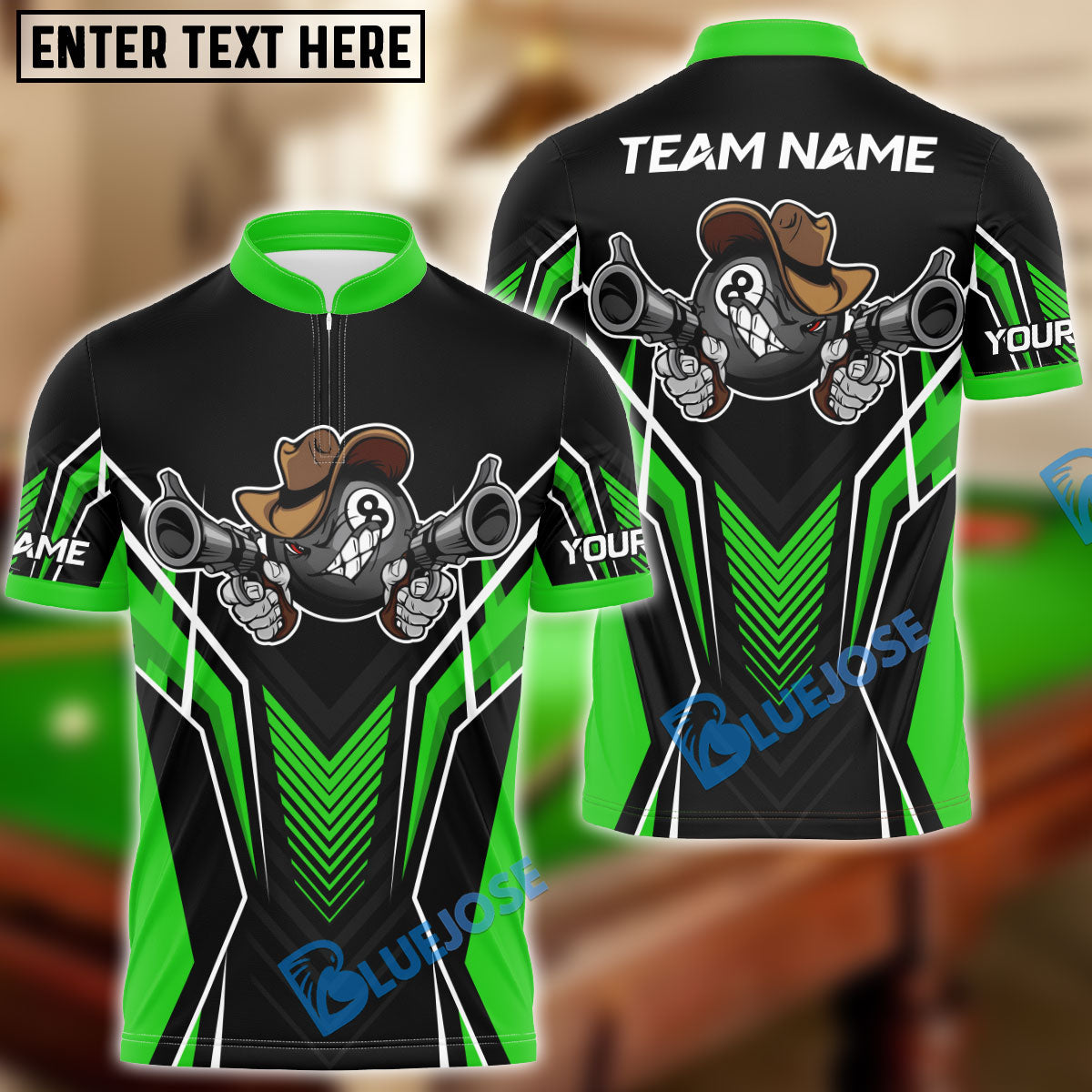 BlueJose Billiards 8 Ball Cowboy Gunny Premium Personalized Name, Team Name Unisex Shirt (4 Colors)