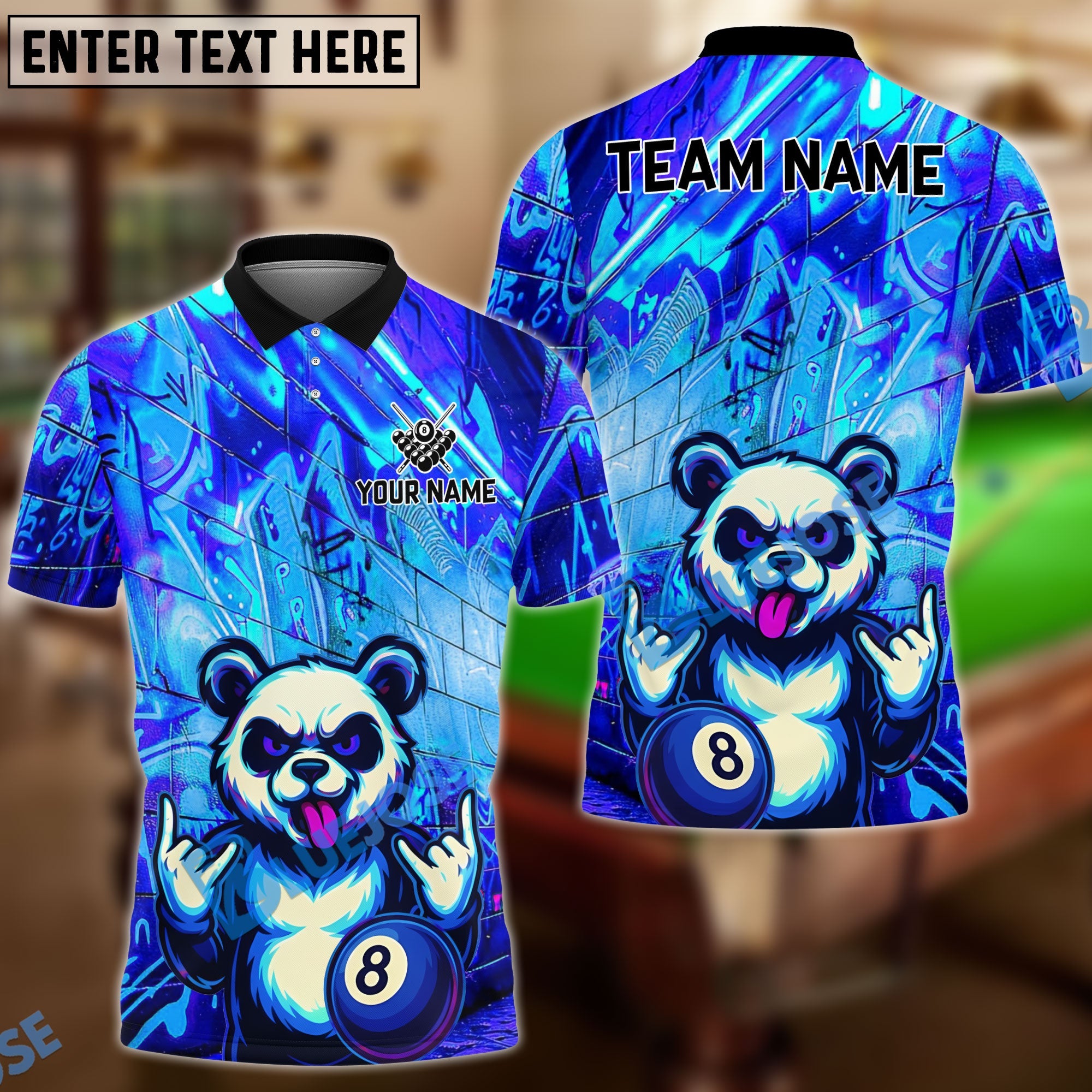 BlueJose Billiards Neon Graffiti Panda with 8 Ball Design Personalized Name Shirt (4 Colors)