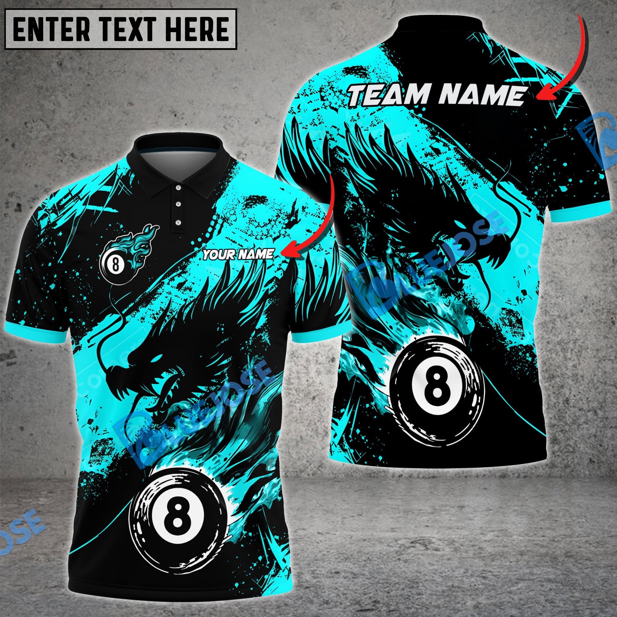 BlueJose Billiards Ball 8 Ink Fire Dragon Personalized Name Shirt (6 Colors)
