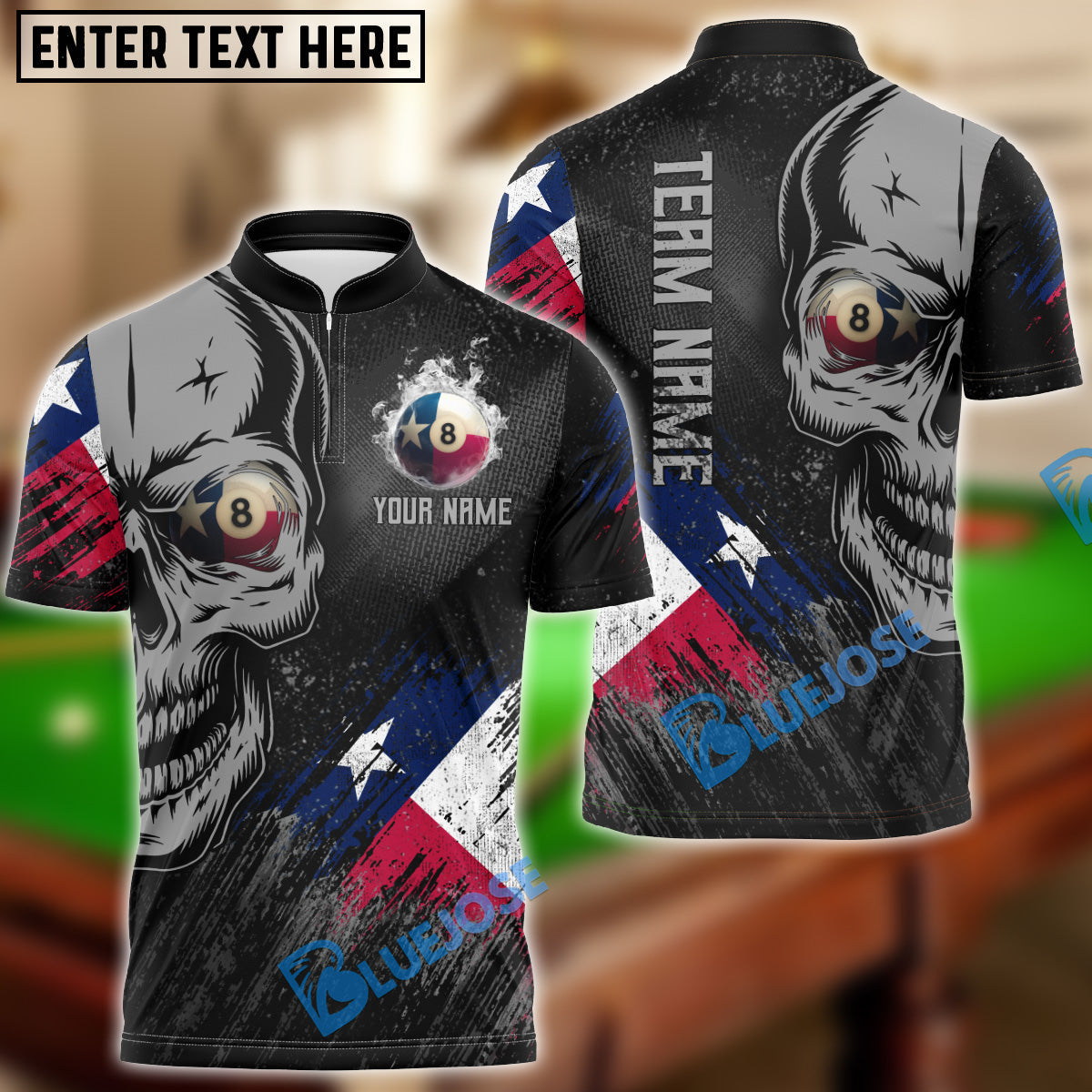 BlueJose Billiards Ball 8 Skull Texas Flag Personalized Name, Team Name Unisex Shirt