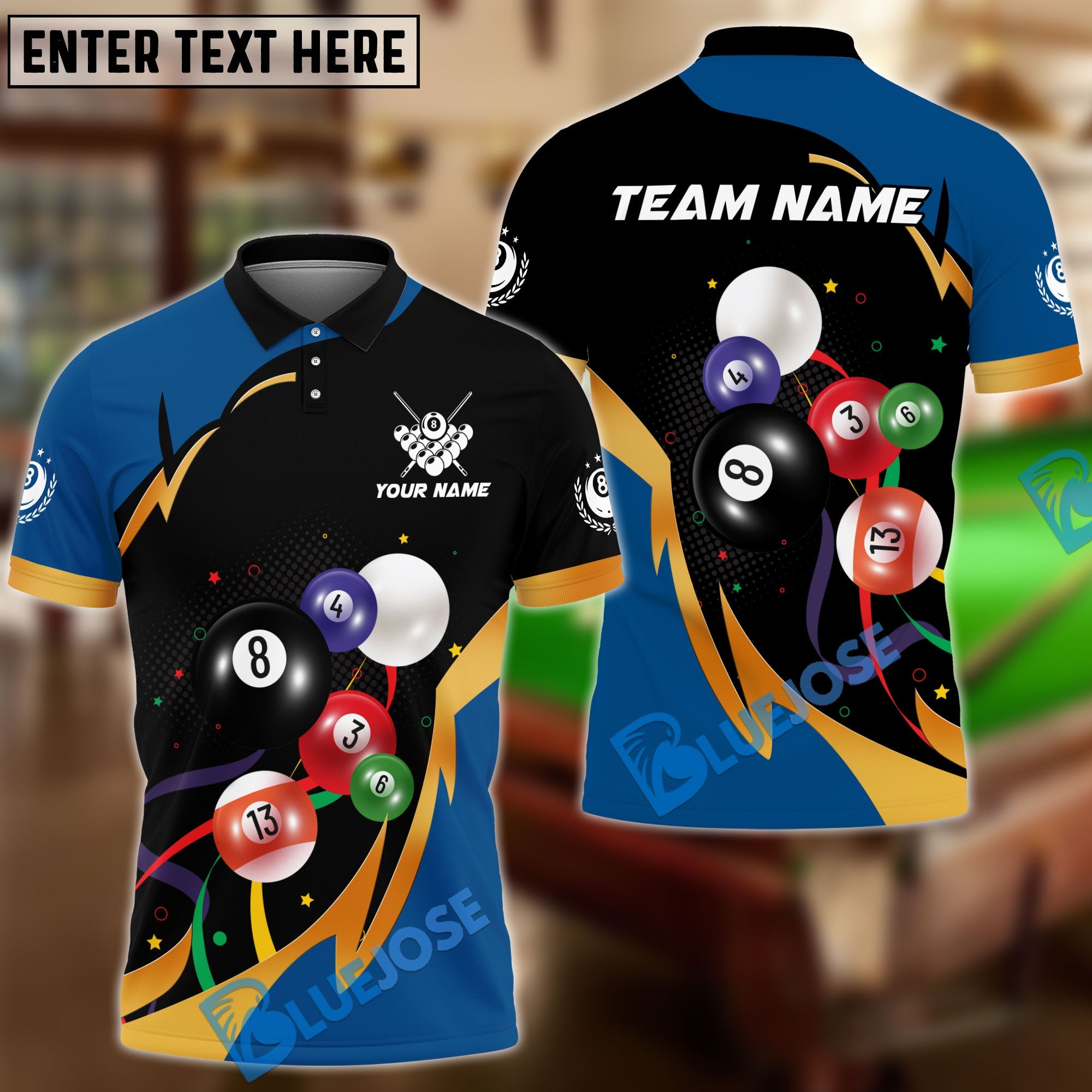 BlueJose Billiards 8-Ball Colorful Pool Balls Motion Graphic Customized Name, Team Name 3D Shirt (4 Colors)