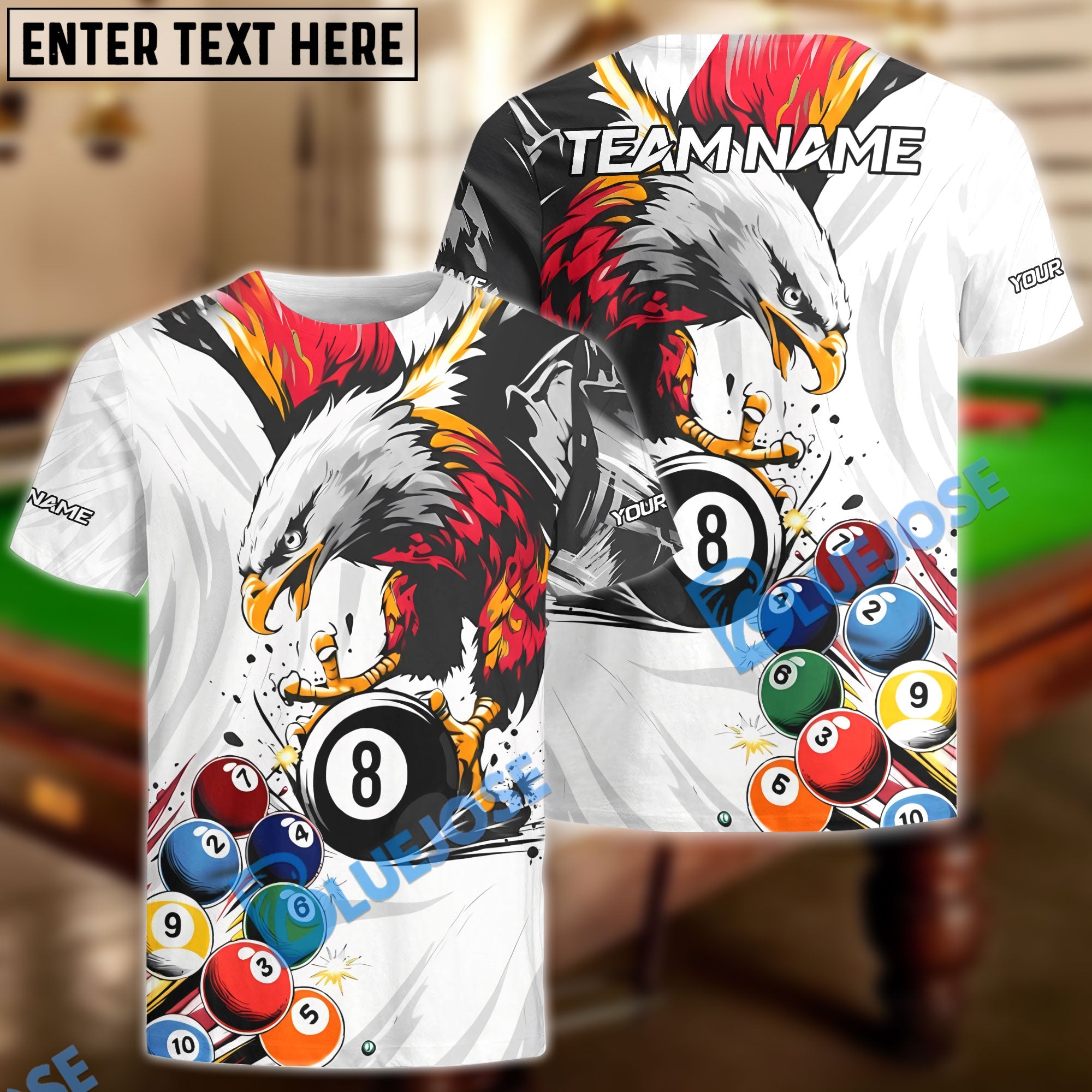 BlueJose Billiards 8-Ball Eagle Strike Customized Name, Team Name 3D Shirt (4 Colors)