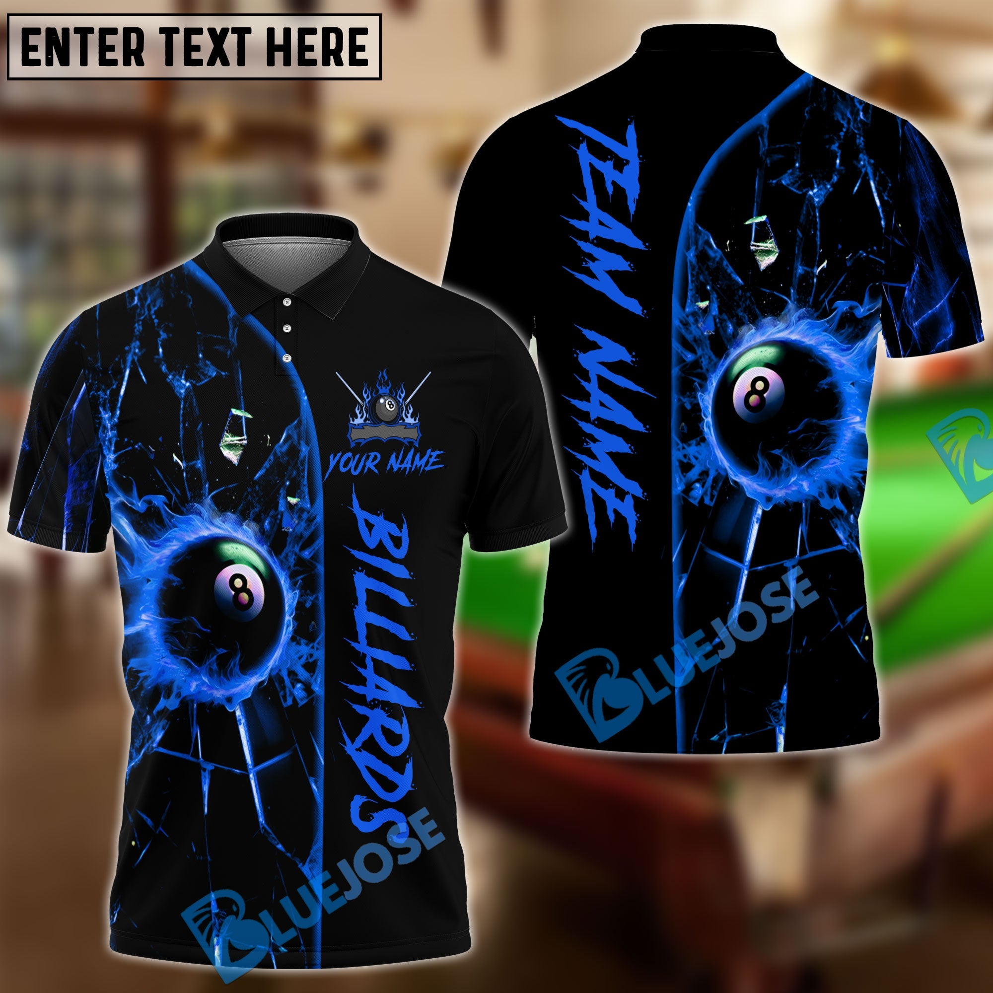 BlueJose Billiards Ball 8 Fire Break Glass Personalized Name Shirt (4 Colors)
